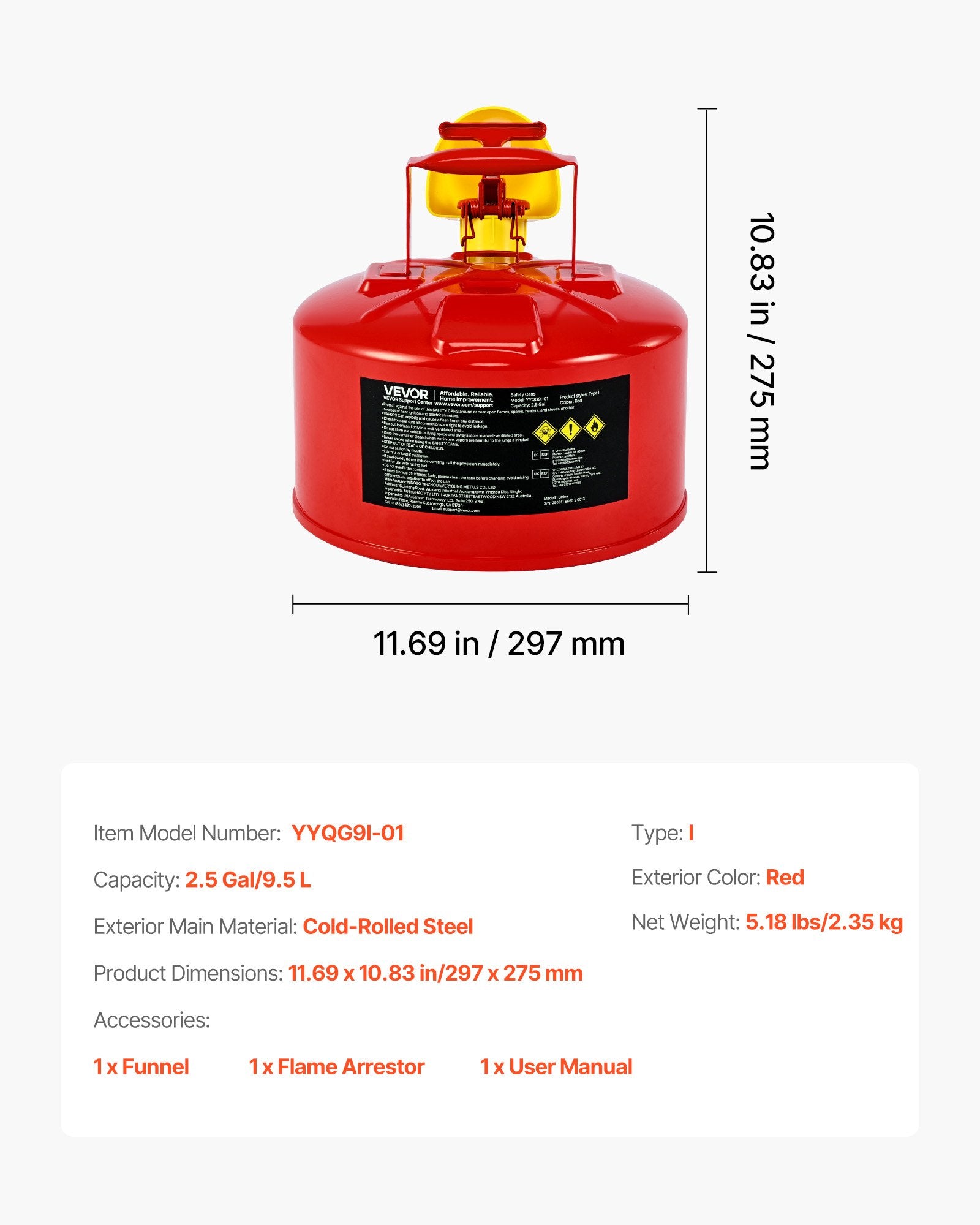 Safety Gas Can 9.5L Red Type I with Flame Arrester, Self-Closing Lid & PE Funnel