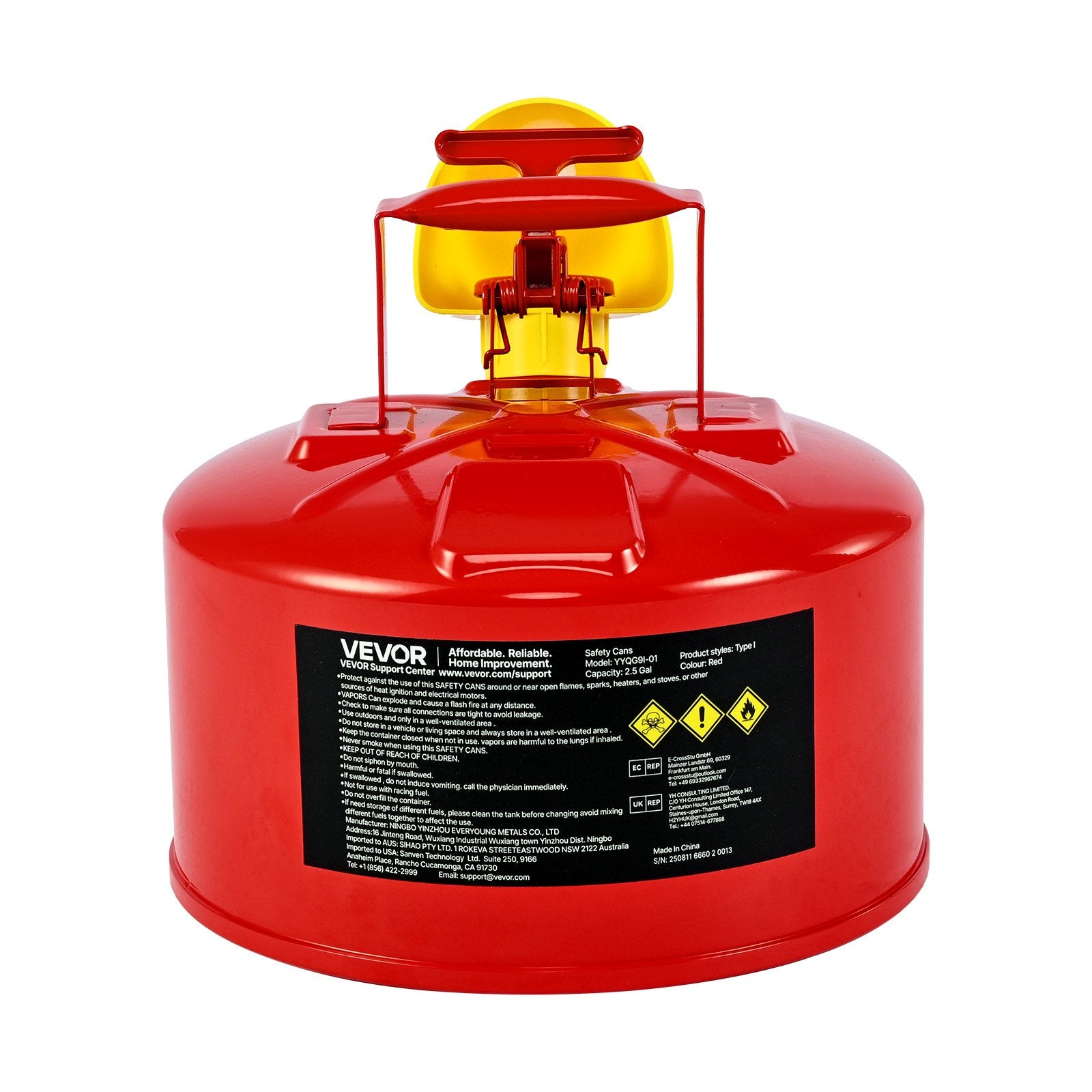 Safety Gas Can 9.5L Red Type I with Flame Arrester, Self-Closing Lid & PE Funnel
