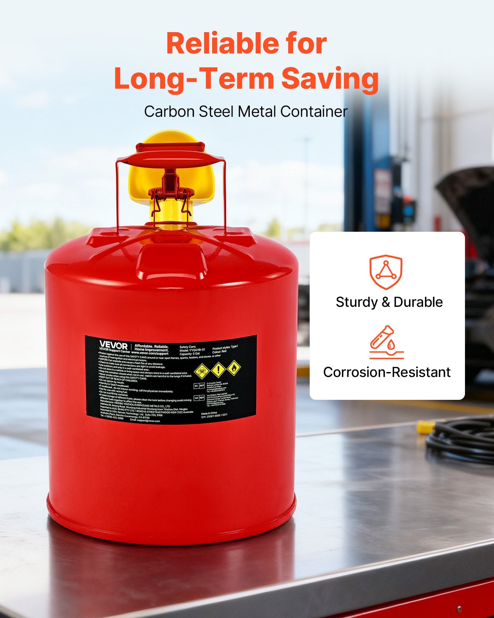 Safety Gas Can 19L Red Type I with Flame Arrester, Self-Closing Lid & PE Funnel