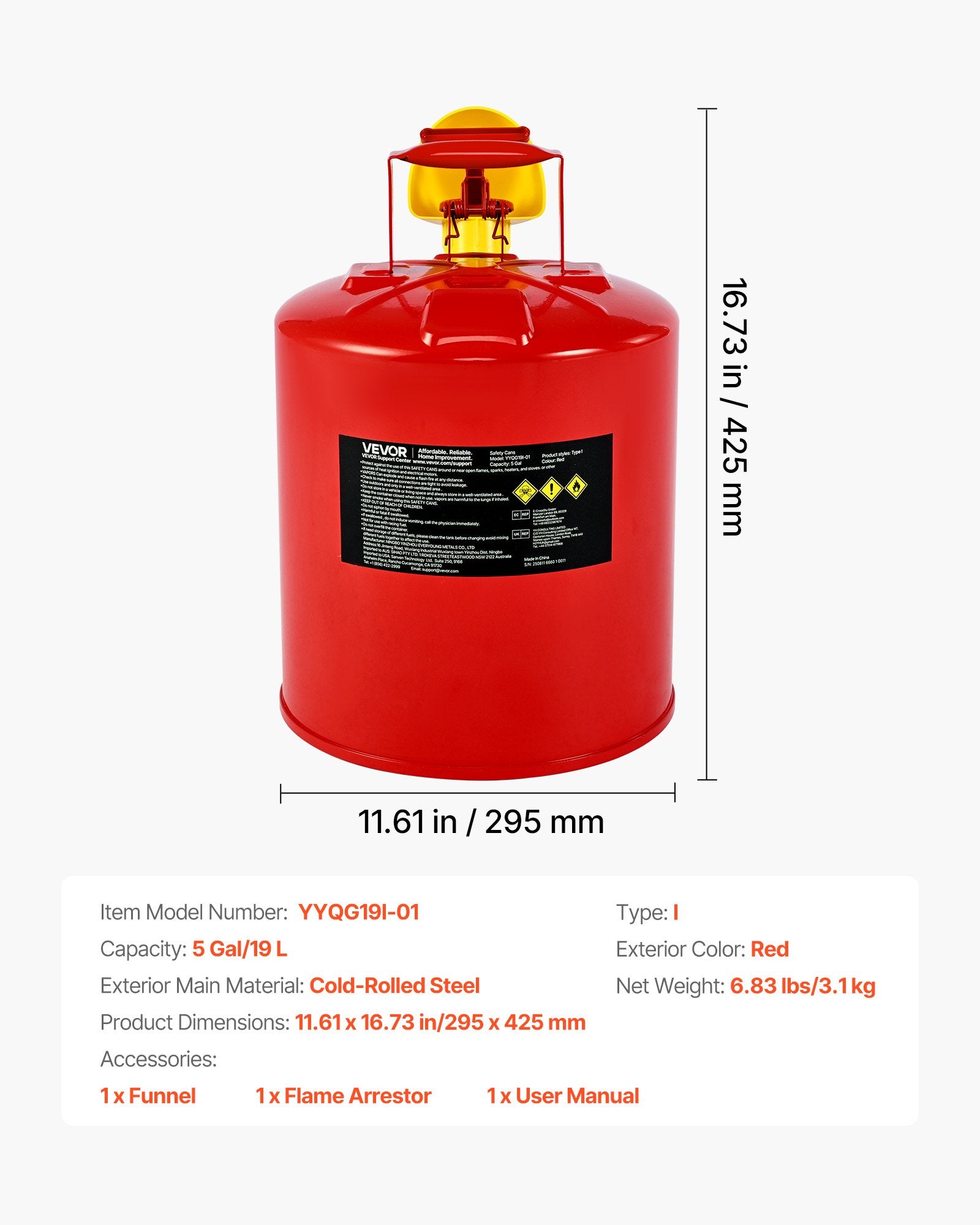 Safety Gas Can 19L Red Type I with Flame Arrester, Self-Closing Lid & PE Funnel