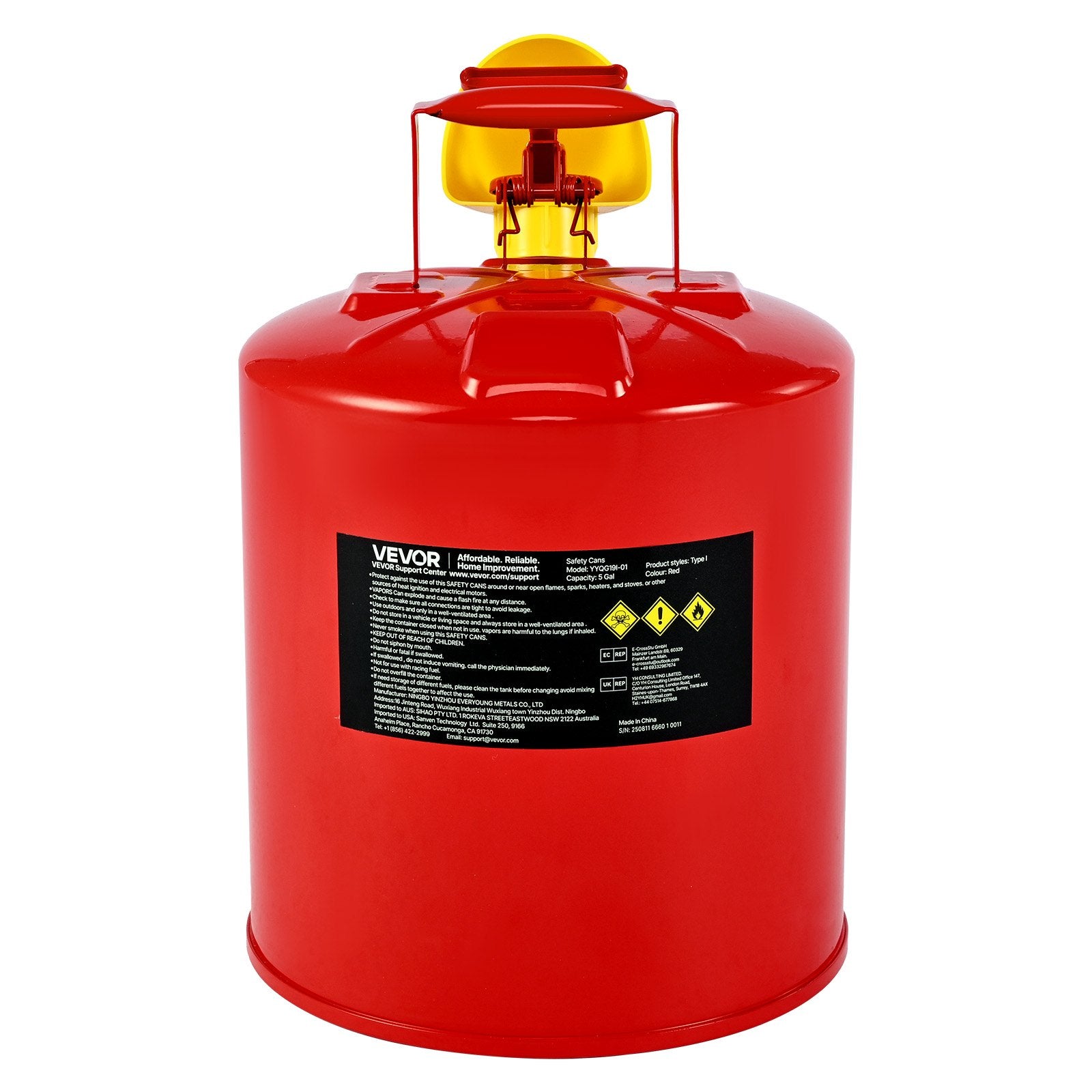 Safety Gas Can 19L Red Type I with Flame Arrester, Self-Closing Lid & PE Funnel