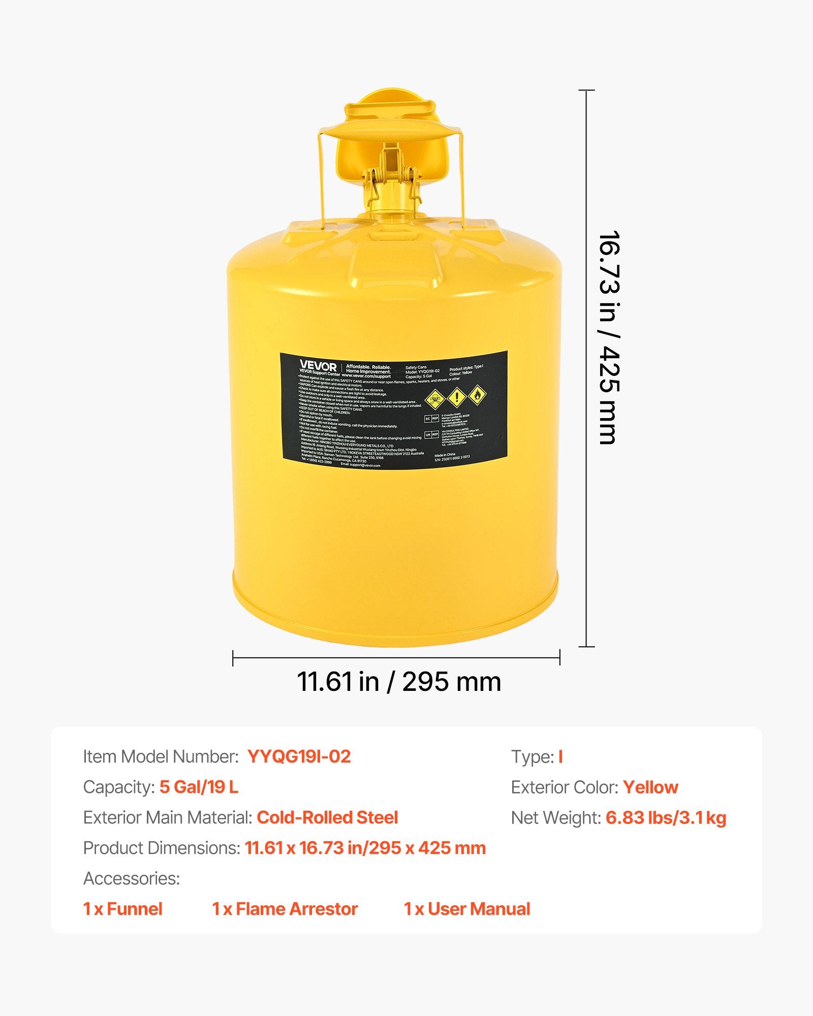 Safety Can 19L Yellow Type I with Flame Arrester, Self-Closing Lid & PE Funnel