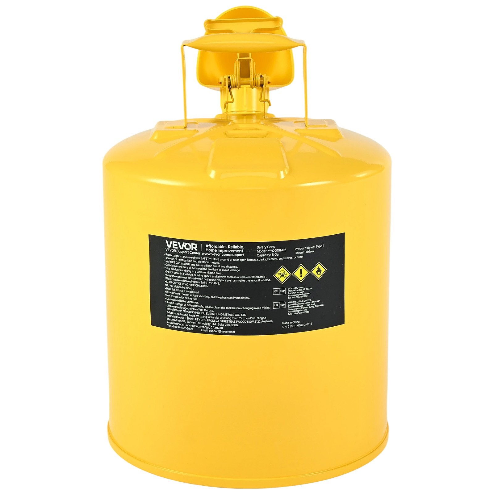 Safety Can 19L Yellow Type I with Flame Arrester, Self-Closing Lid & PE Funnel
