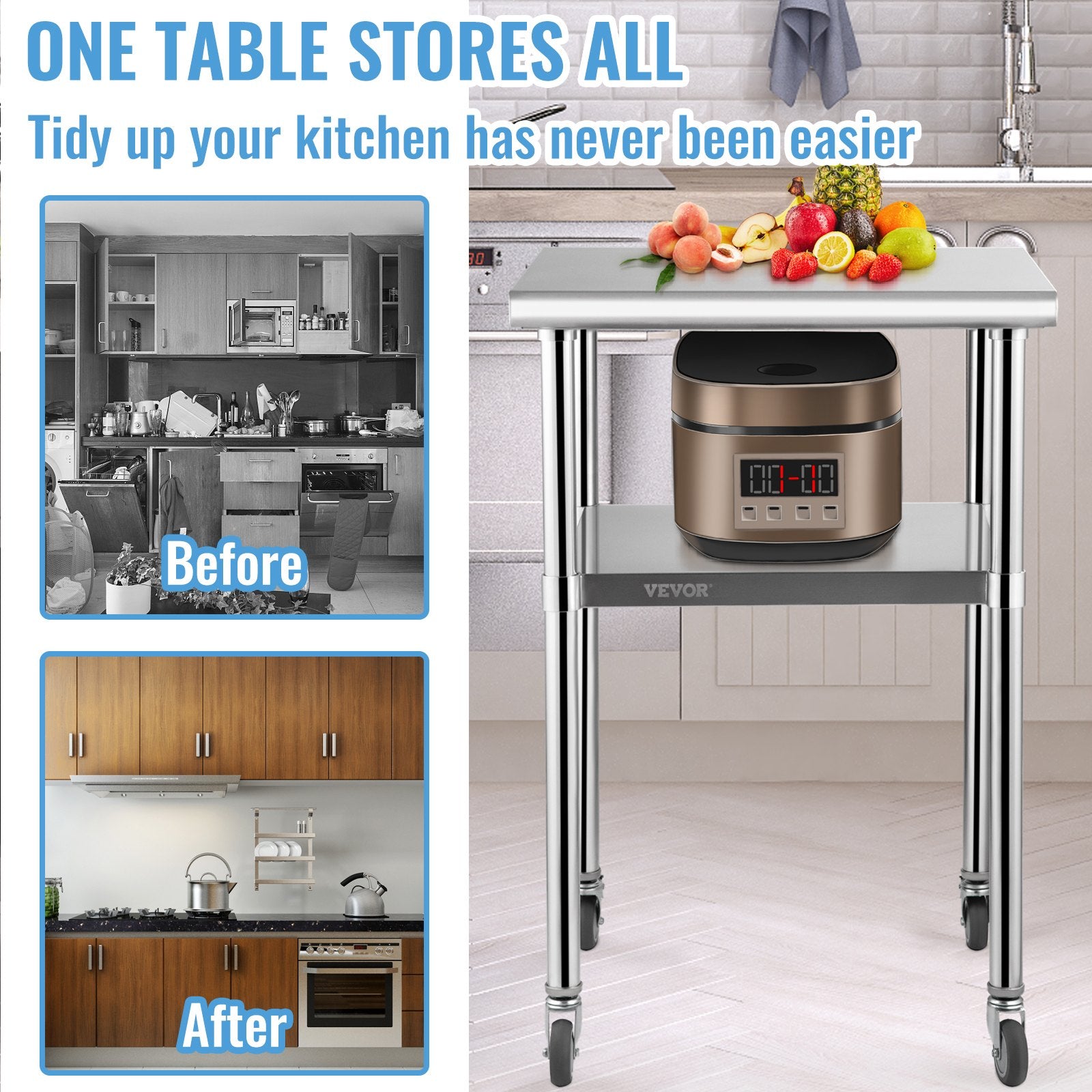 Stainless Steel Prep Table 61x61x91.4cm Heavy Duty Worktable 600lbs Load