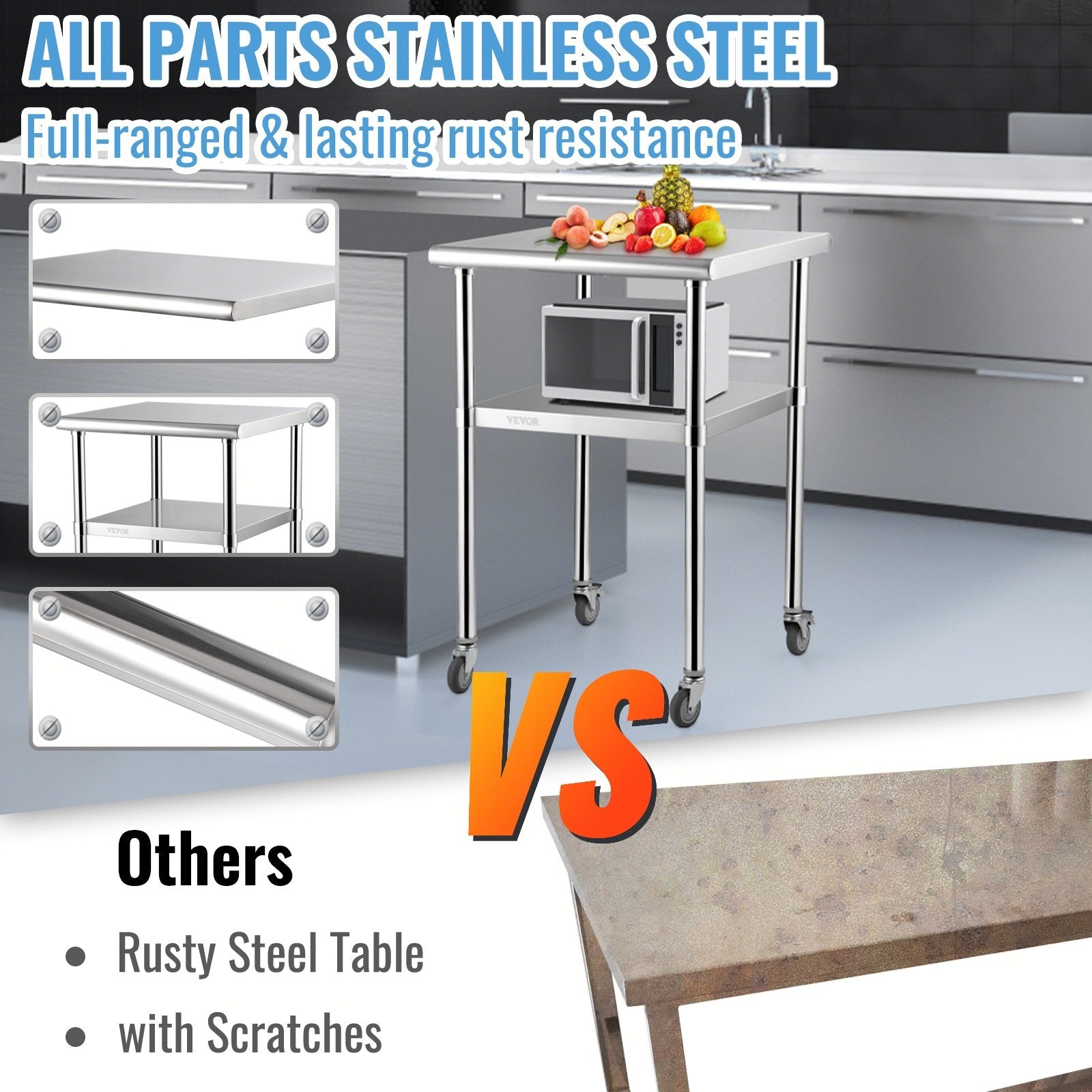 Stainless Steel Prep Table 61x61x91.4cm Heavy Duty Worktable 600lbs Load