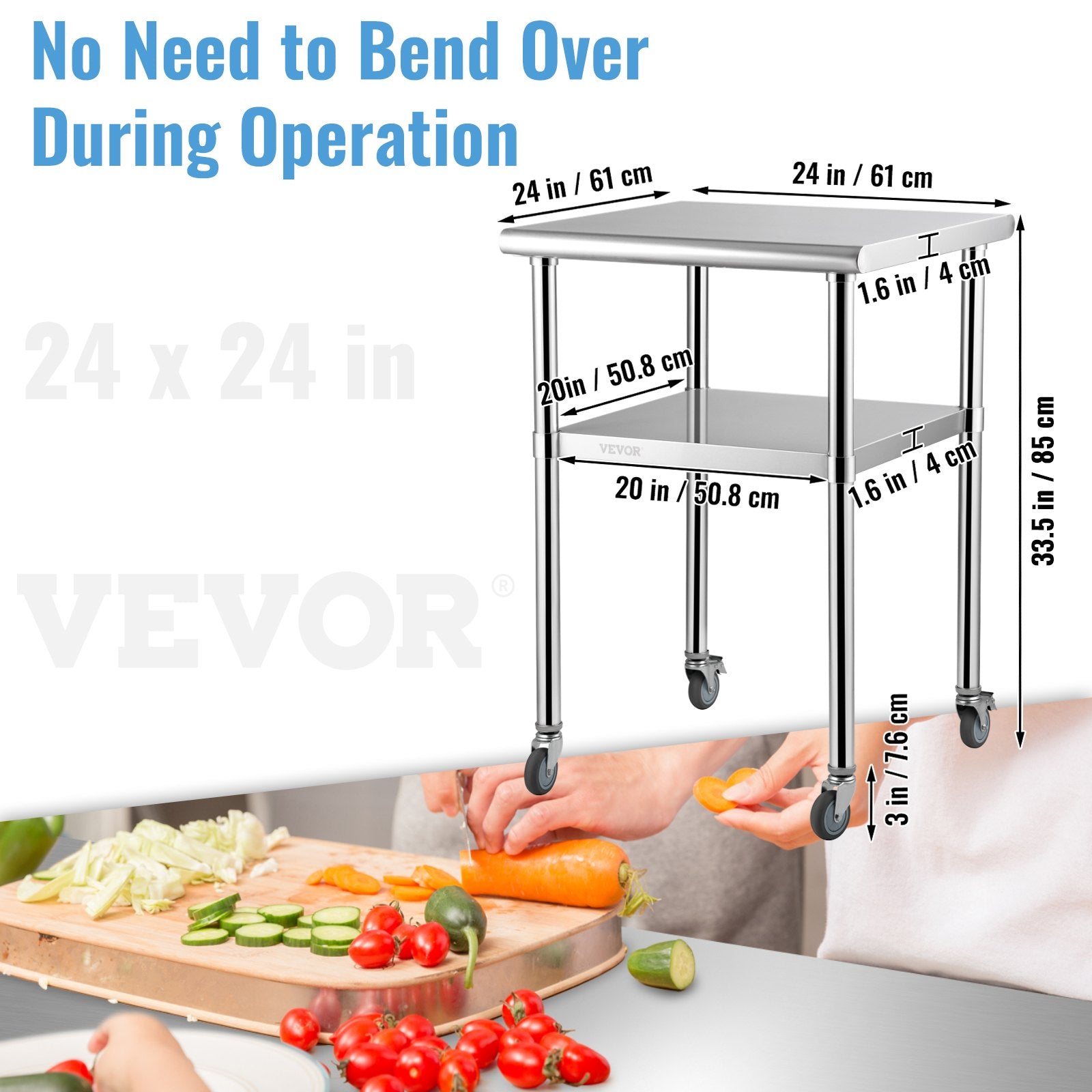 Stainless Steel Prep Table 61x61x91.4cm Heavy Duty Worktable 600lbs Load