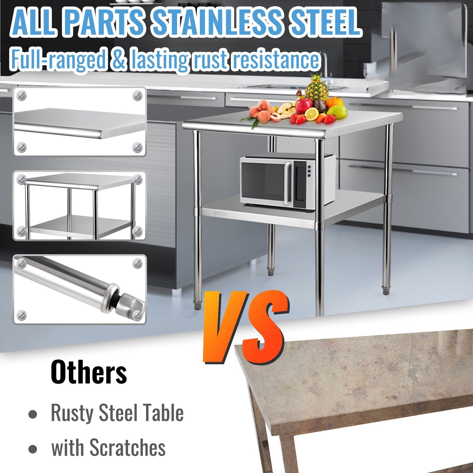 Stainless Steel Prep Table 30x30x36in Heavy Duty Worktable 800lbs Load
