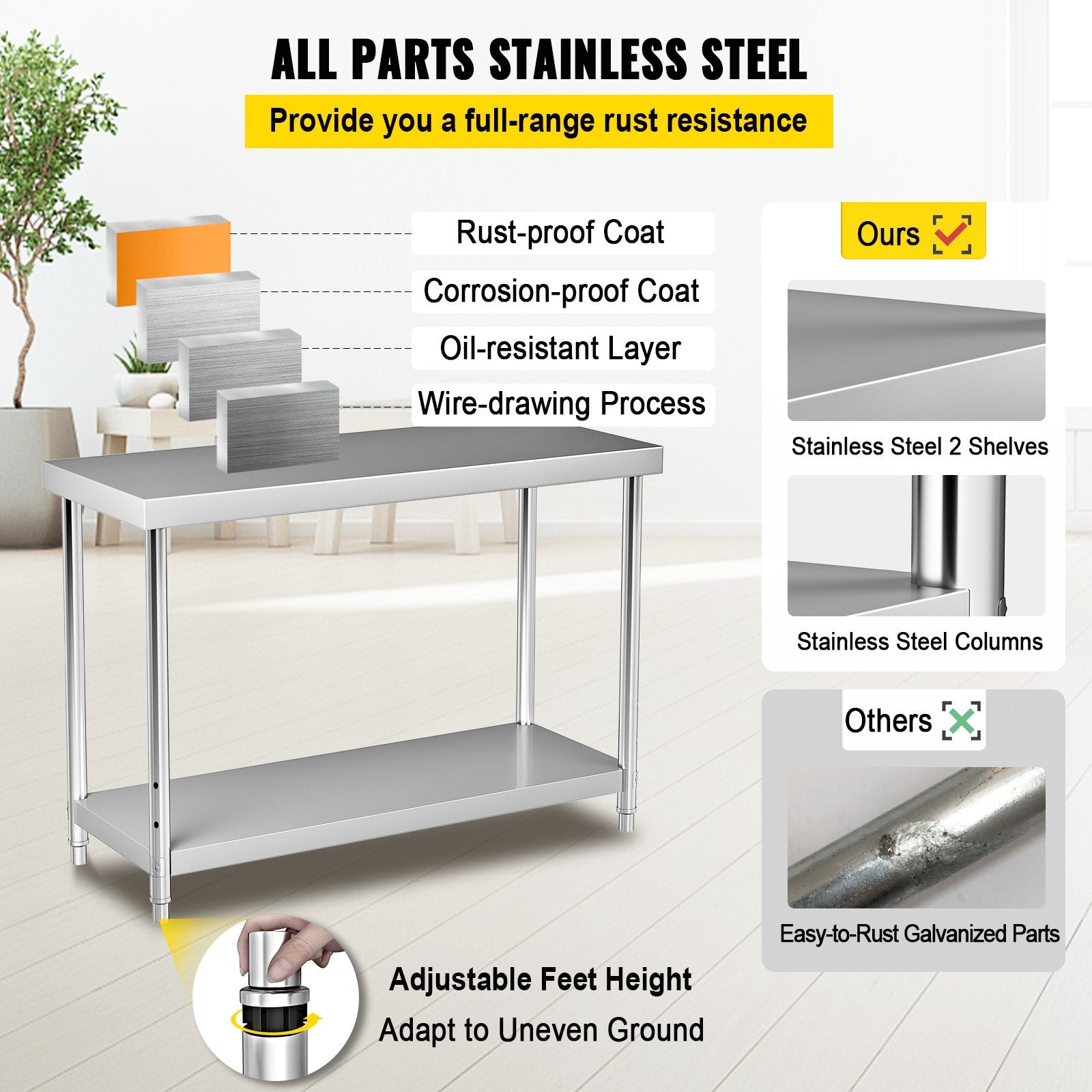 Stainless Steel Prep Table 122x46x86cm Heavy Duty Worktable 250kg Load