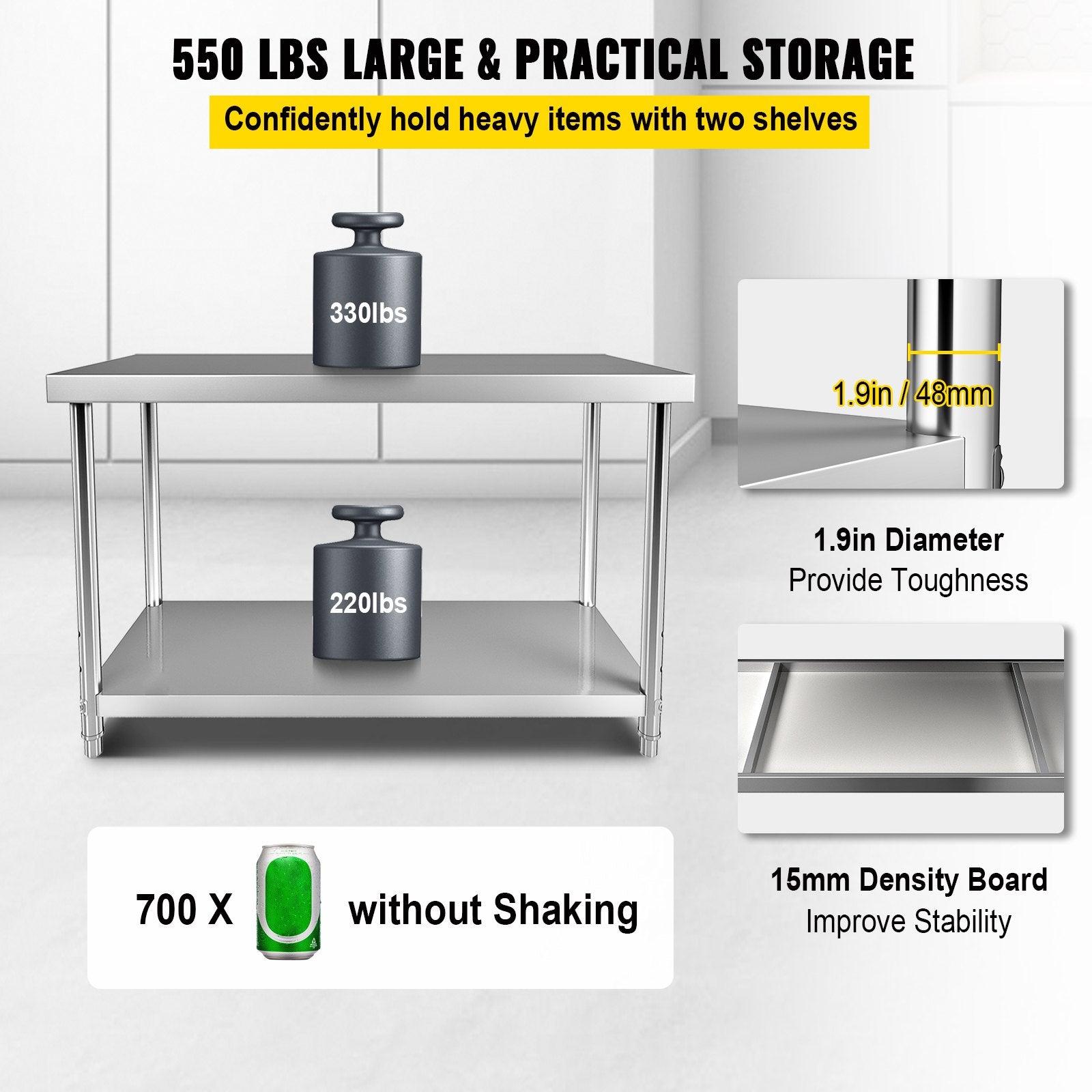 Stainless Steel Prep Table 122x46x86cm Heavy Duty Worktable 250kg Load