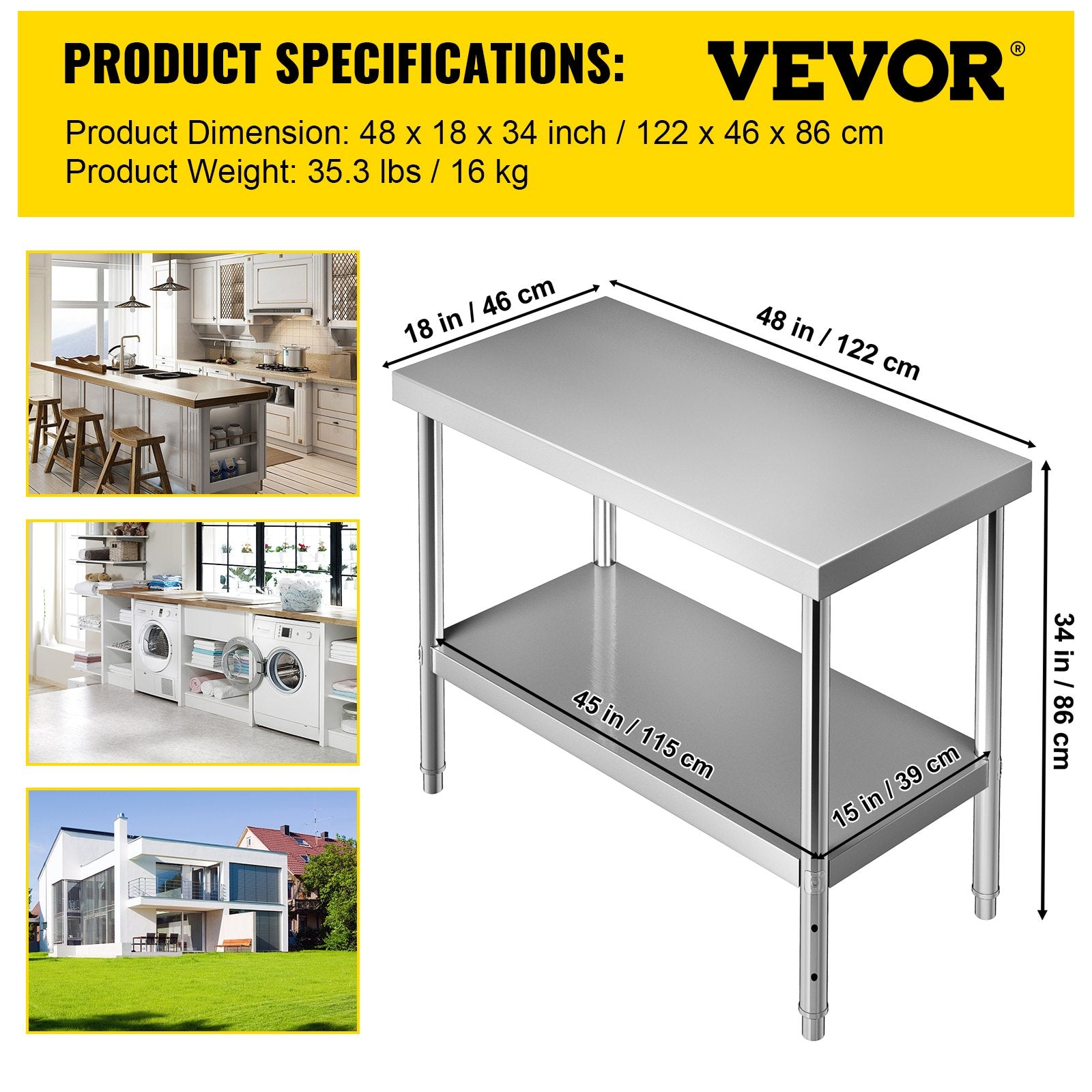 Stainless Steel Prep Table 122x46x86cm Heavy Duty Worktable 250kg Load