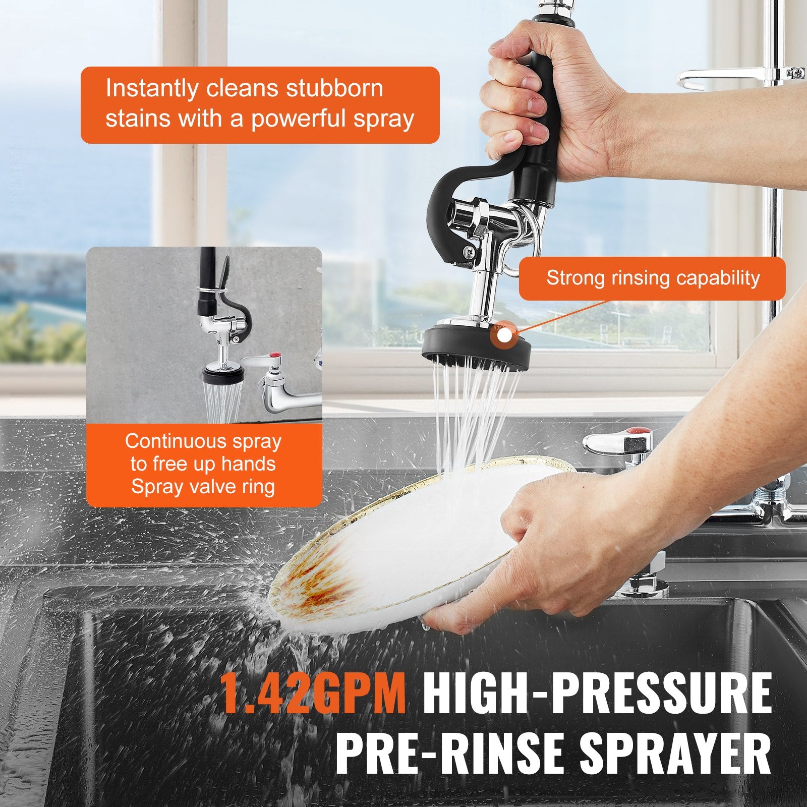 44" Commercial Pre-Rinse Kitchen Faucet Deck Mount with 12" Swing Spout