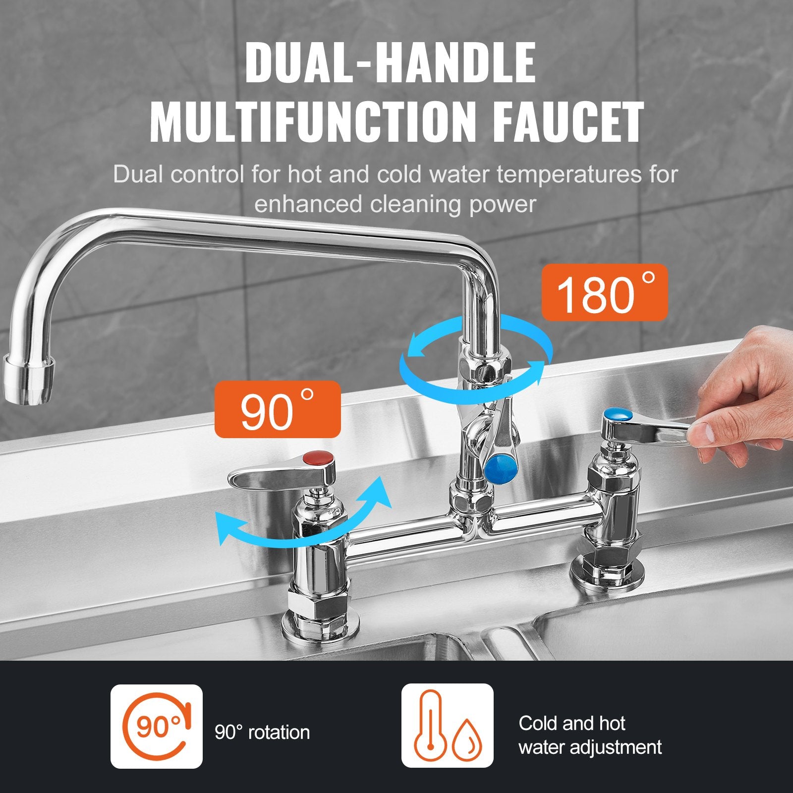 Commercial Faucet with Pre-Rinse Sprayer 26" Height 8" Center 12" Swing Spout