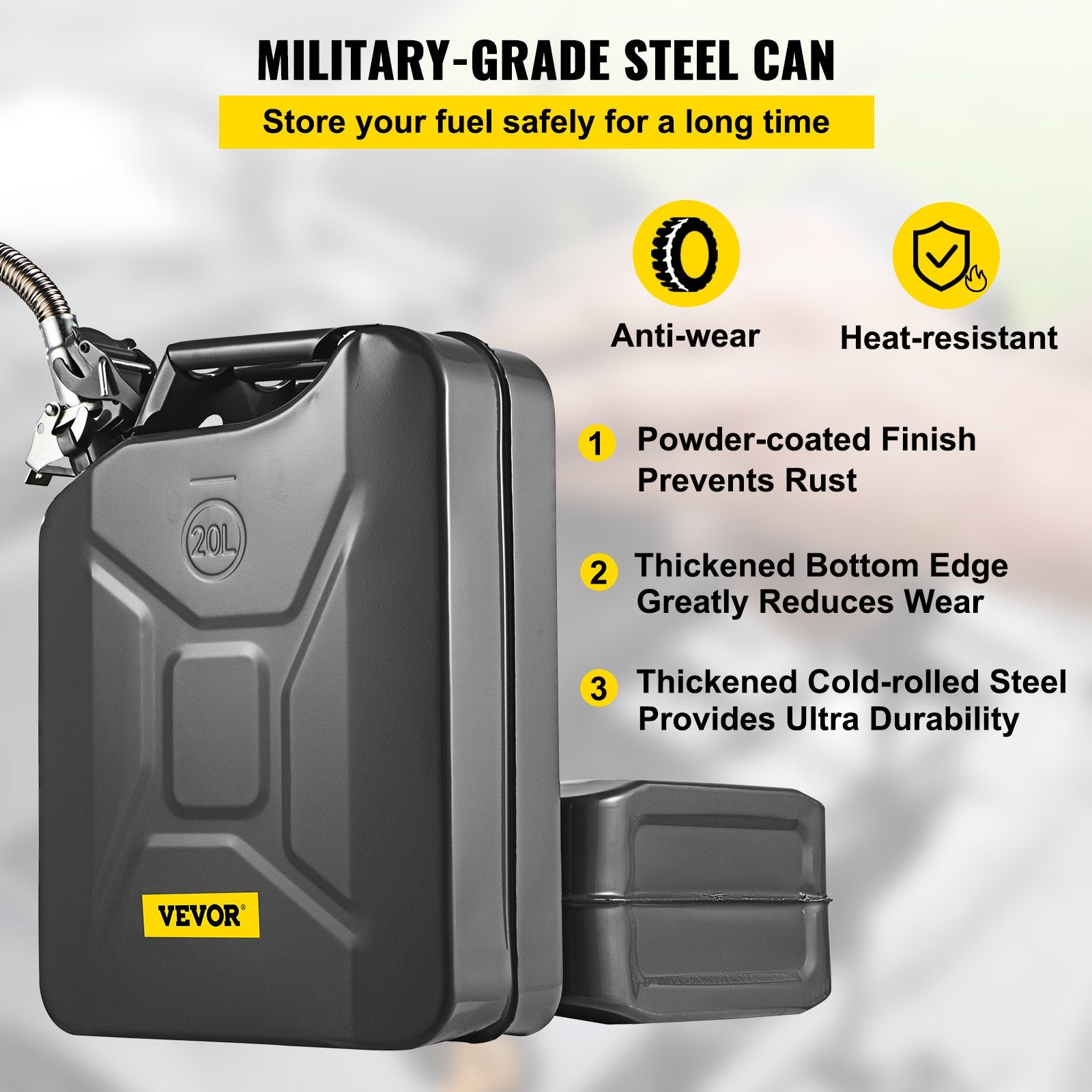 20L Jerry Fuel Can Steel Gas Container with Flexible Spout Black