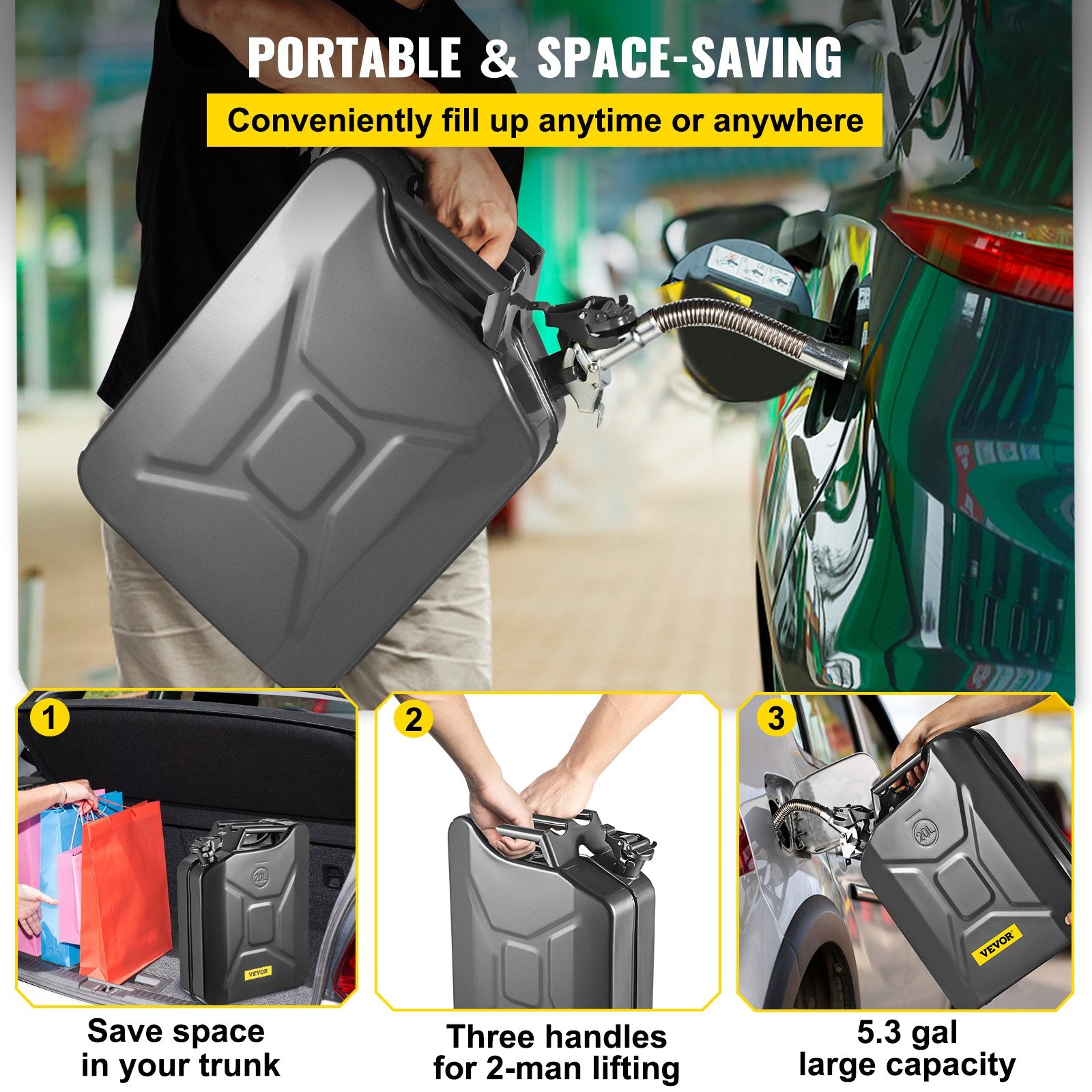 20L Jerry Fuel Can Steel Gas Container with Flexible Spout Black
