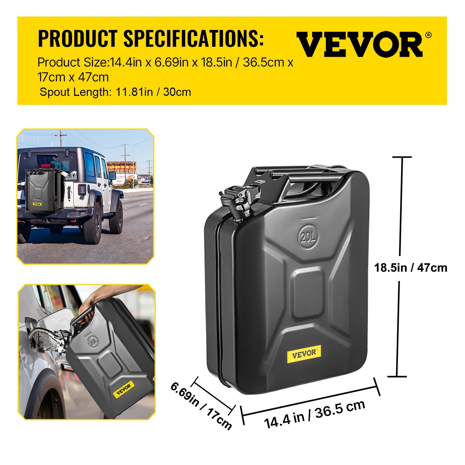 20L Jerry Fuel Can Steel Gas Container with Flexible Spout Black