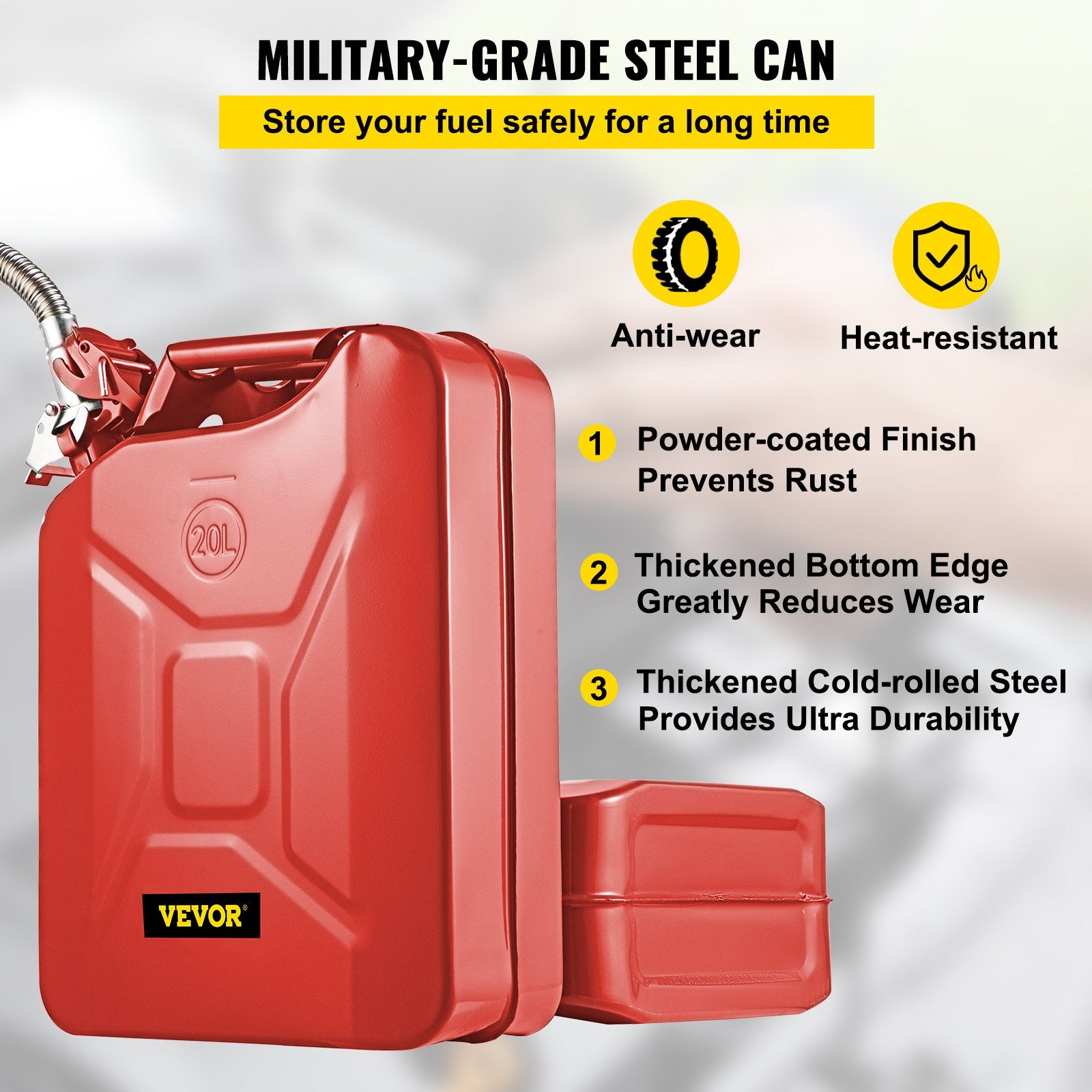 Jerry Fuel Can, 20L Portable Rustproof Steel Gas Can with Flexible Spout, Red