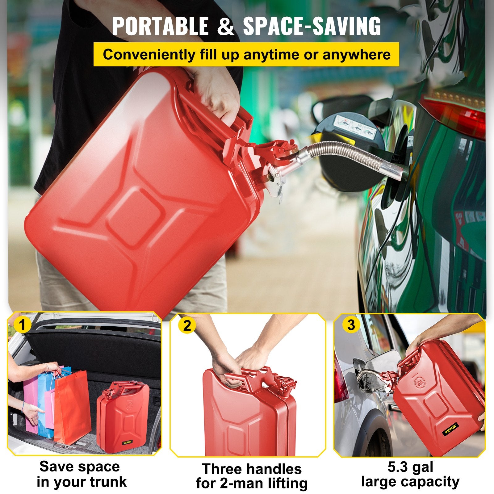 Jerry Fuel Can, 20L Portable Rustproof Steel Gas Can with Flexible Spout, Red