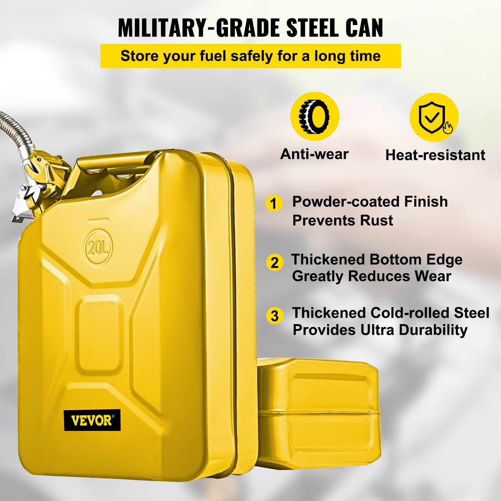 Jerry Fuel Can, 20L Portable Rustproof Steel Gas Can with Flexible Spout, Yellow