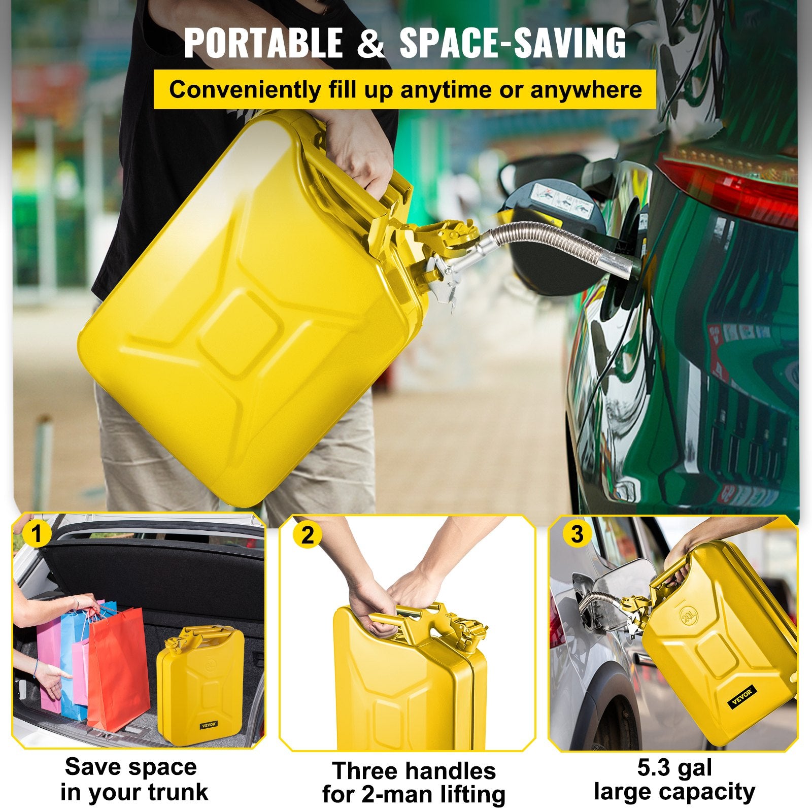Jerry Fuel Can, 20L Portable Rustproof Steel Gas Can with Flexible Spout, Yellow