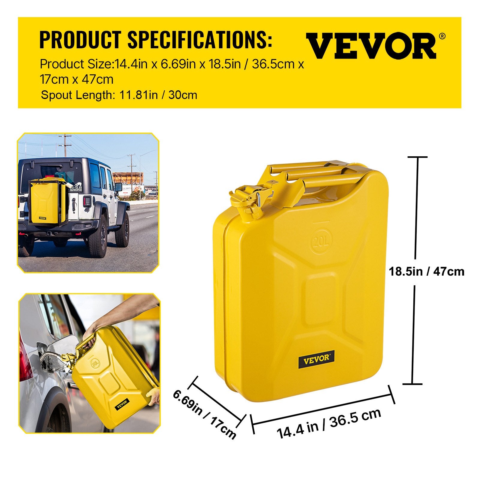 Jerry Fuel Can, 20L Portable Rustproof Steel Gas Can with Flexible Spout, Yellow