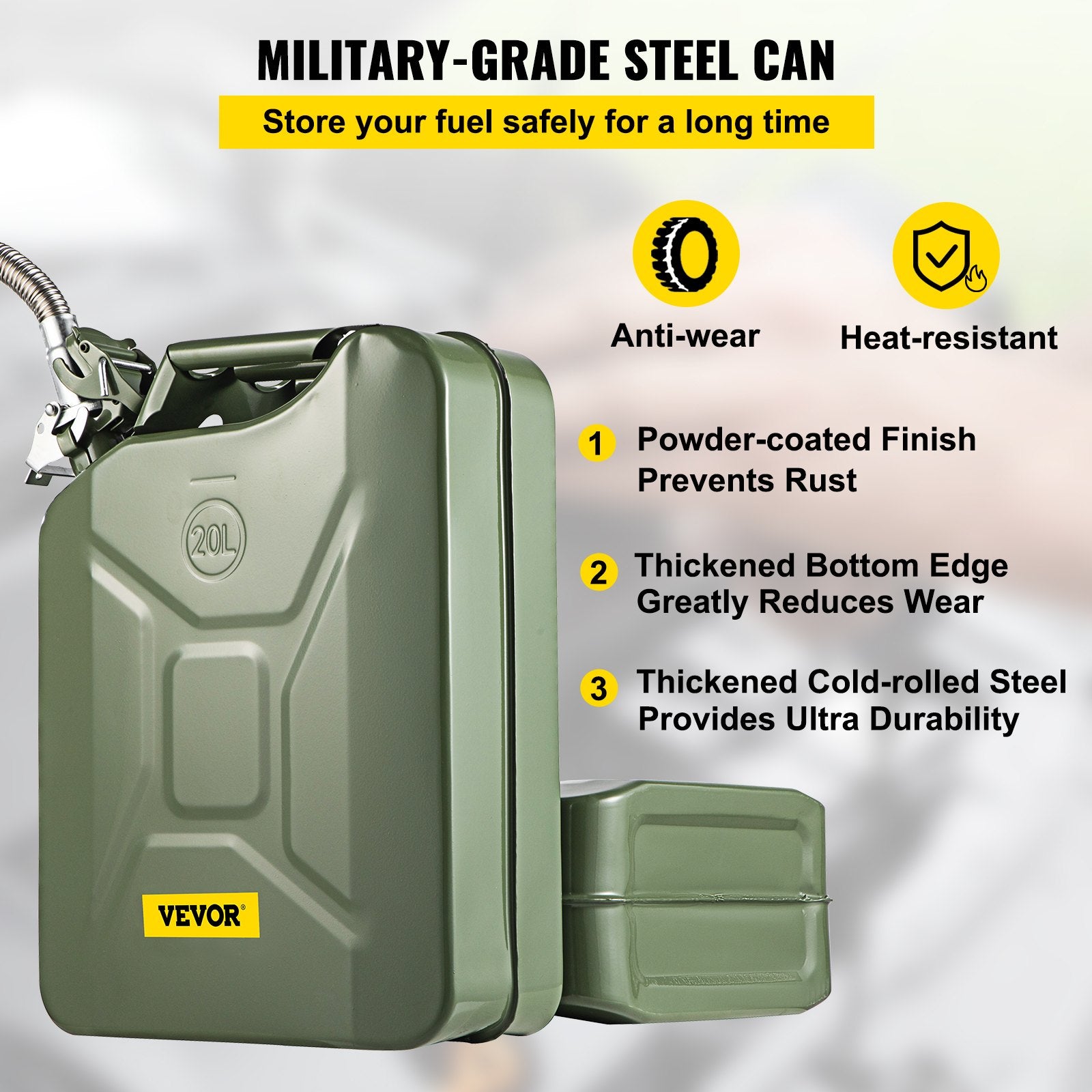 Jerry Fuel Can 20L Portable Rustproof Steel Gas Can Flexible Spout 2PCS Green