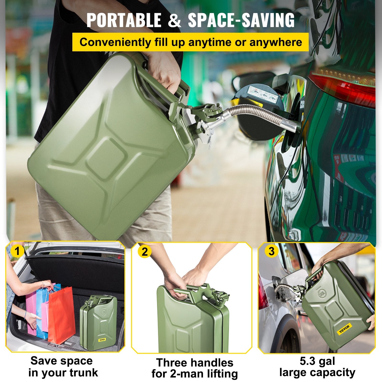 Jerry Fuel Can 20L Portable Rustproof Steel Gas Can Flexible Spout 2PCS Green