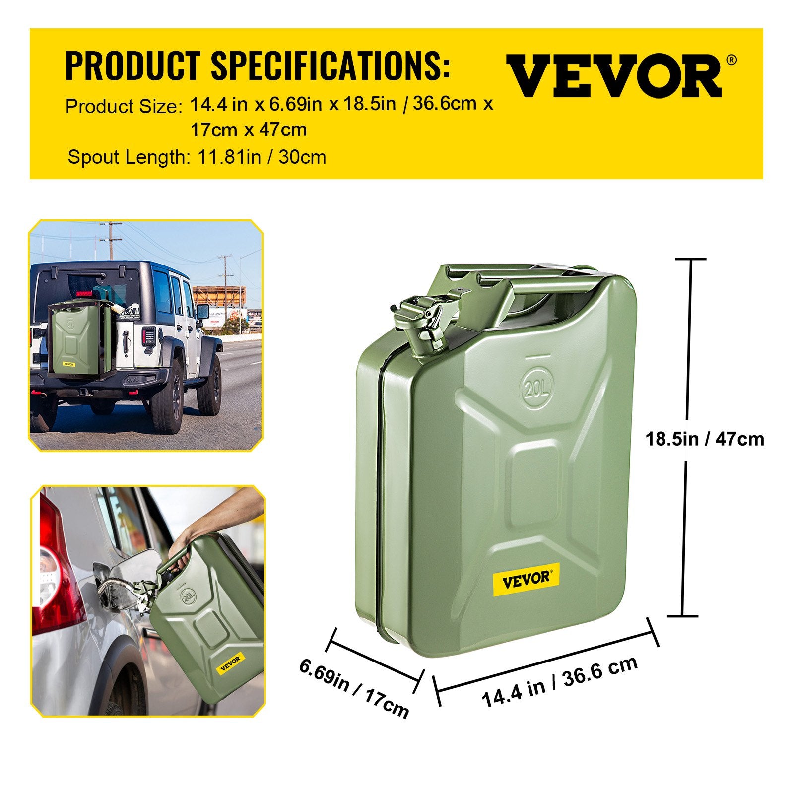 Jerry Fuel Can 20L Portable Rustproof Steel Gas Can Flexible Spout 2PCS Green