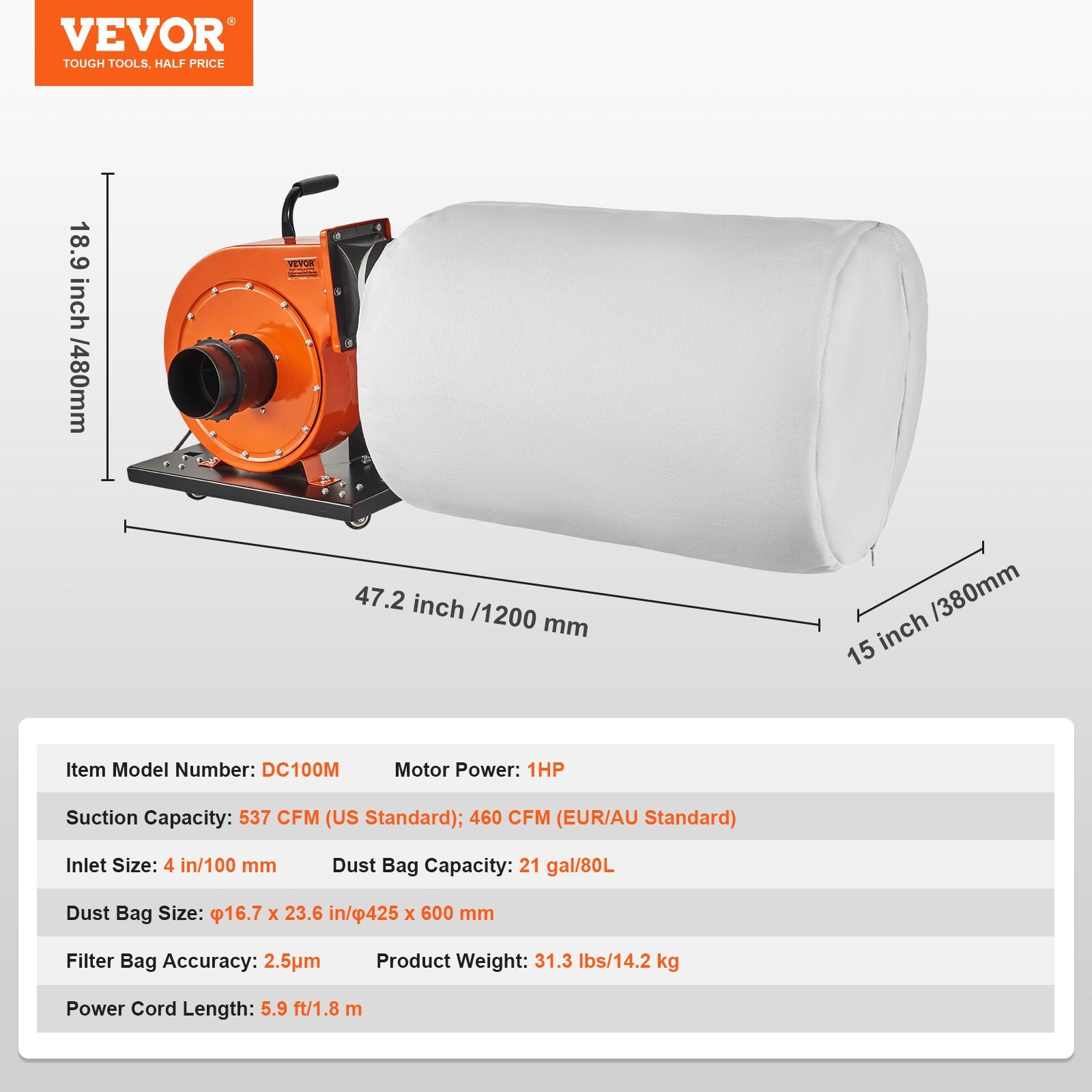 Dust Collector 1HP 460CFM 80L Bag 2.5 Micron Filtration Rolling Mobile Workshop