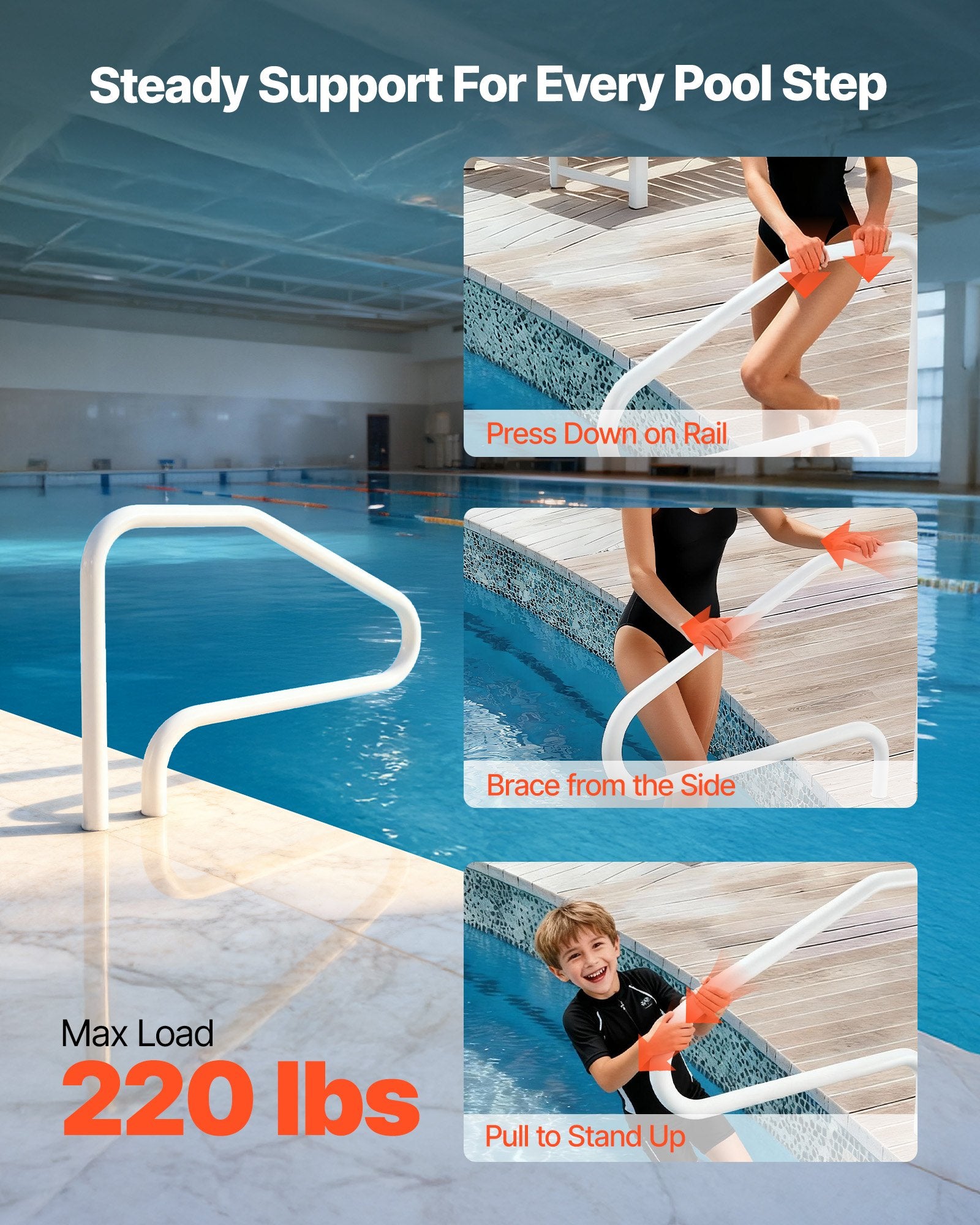 Pool Rail 122x81.3cm Stainless Steel Handrail 100kg Heavy-Duty Seamless Mount