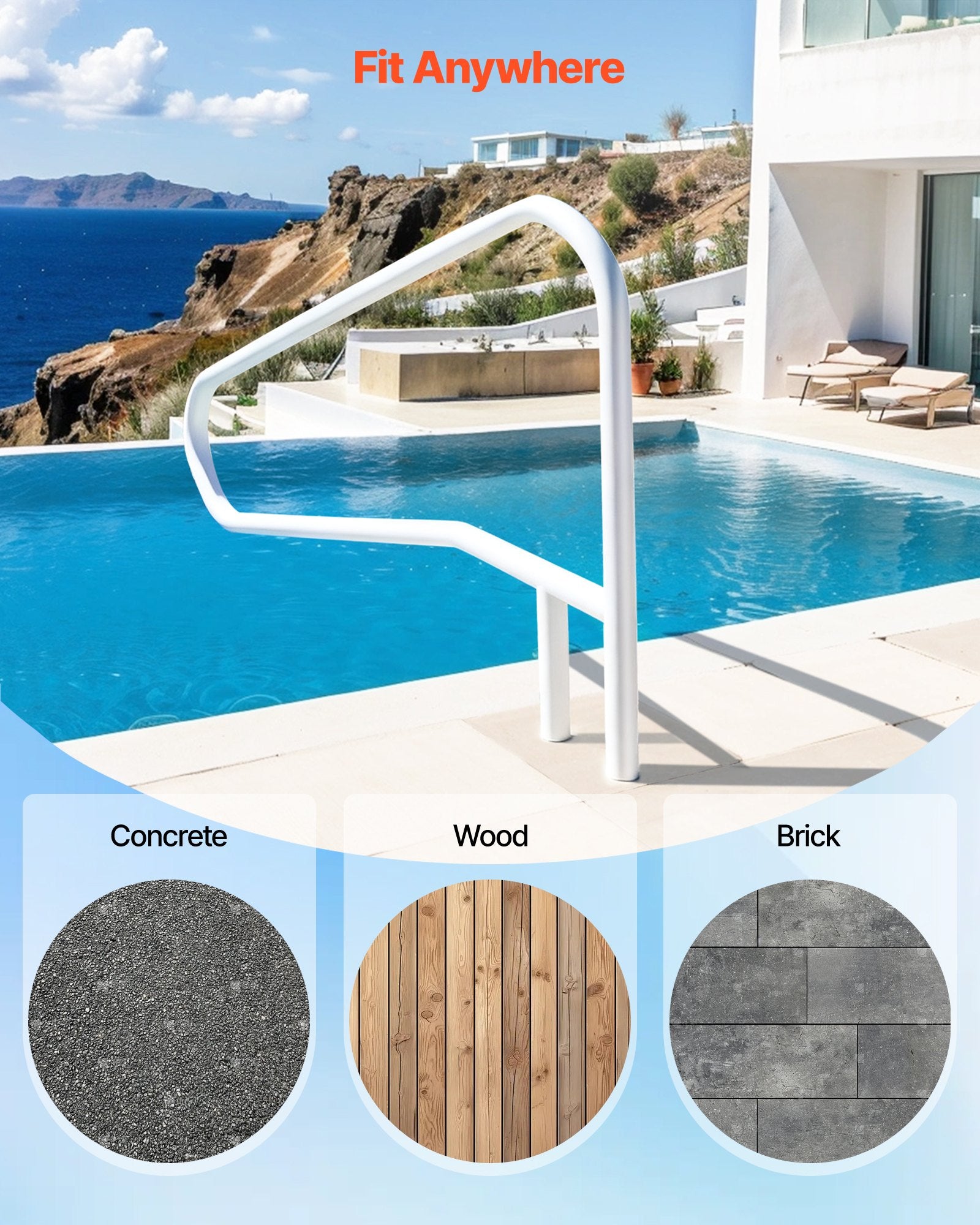Pool Rail 137.1x81.3cm Stainless Steel Handrail 100kg Heavy-Duty Seamless