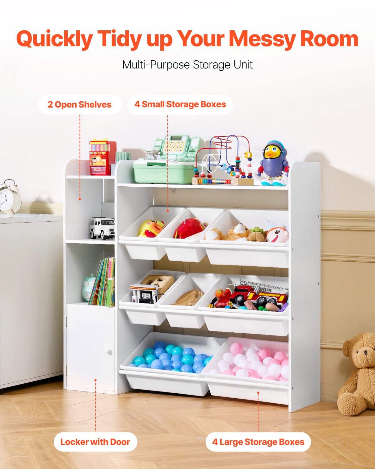 Kids Toy Storage Bookshelf, 4-Tier Organizer with 8 Plastic Bins, White