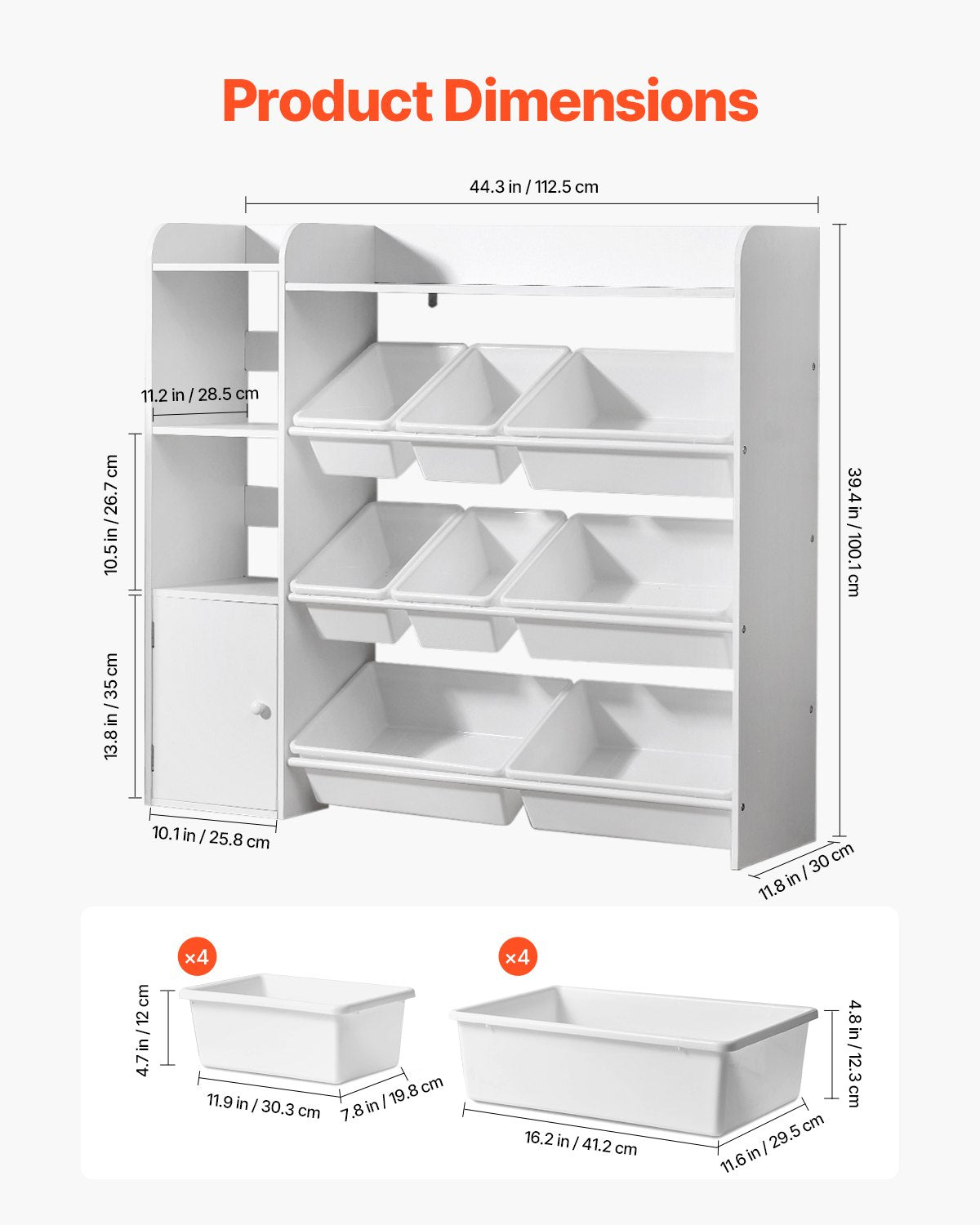 Kids Toy Storage Bookshelf, 4-Tier Organizer with 8 Plastic Bins, White