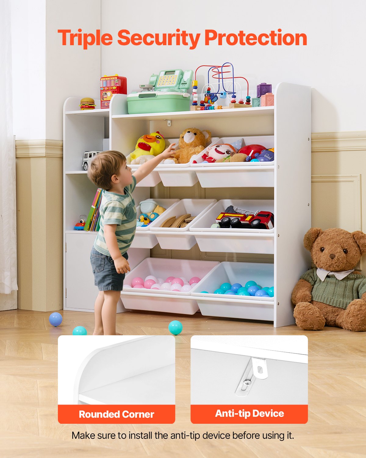 Kids Toy Storage Bookshelf, 4-Tier Organizer with 8 Plastic Bins, White