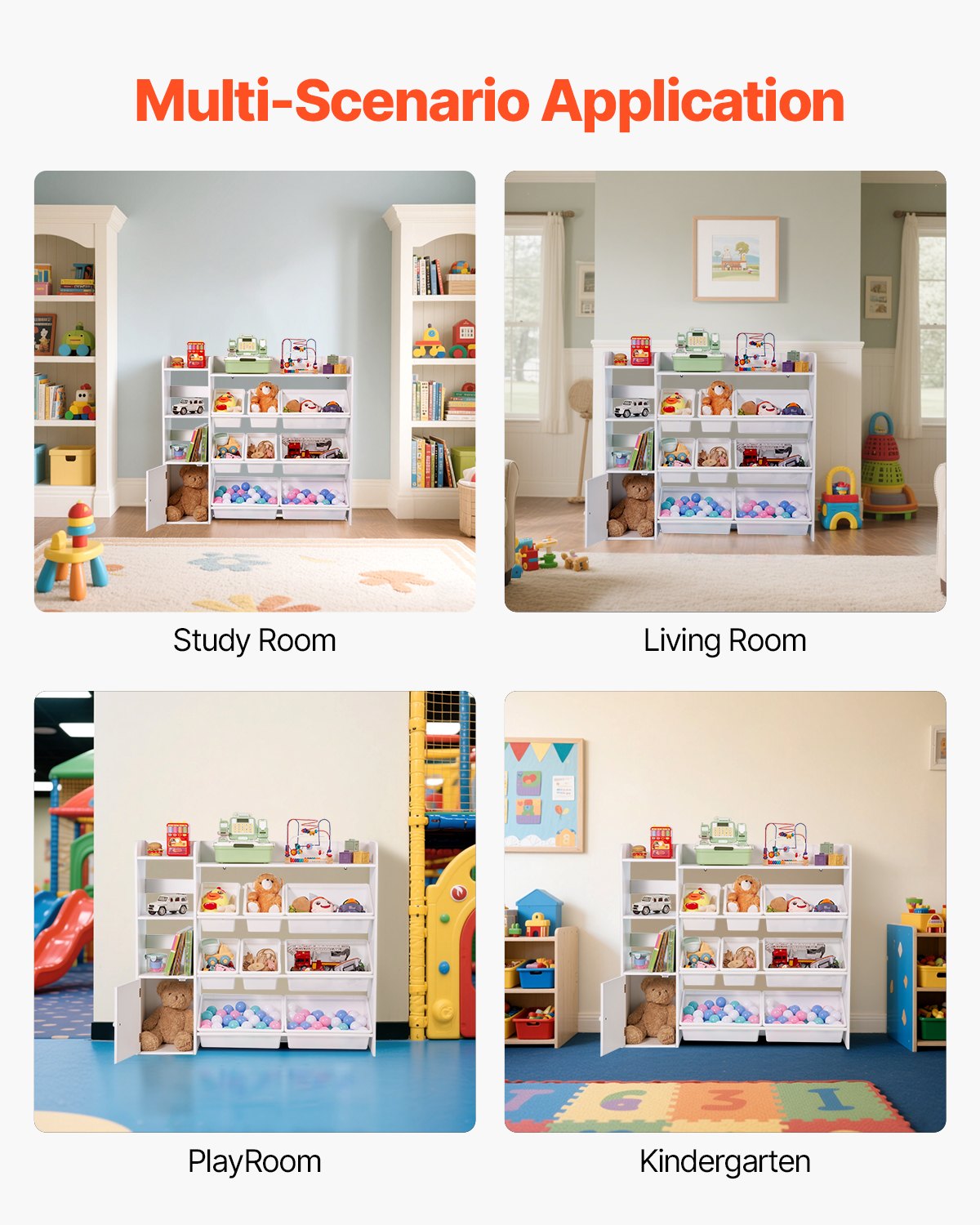 Kids Toy Storage Bookshelf, 4-Tier Organizer with 8 Plastic Bins, White