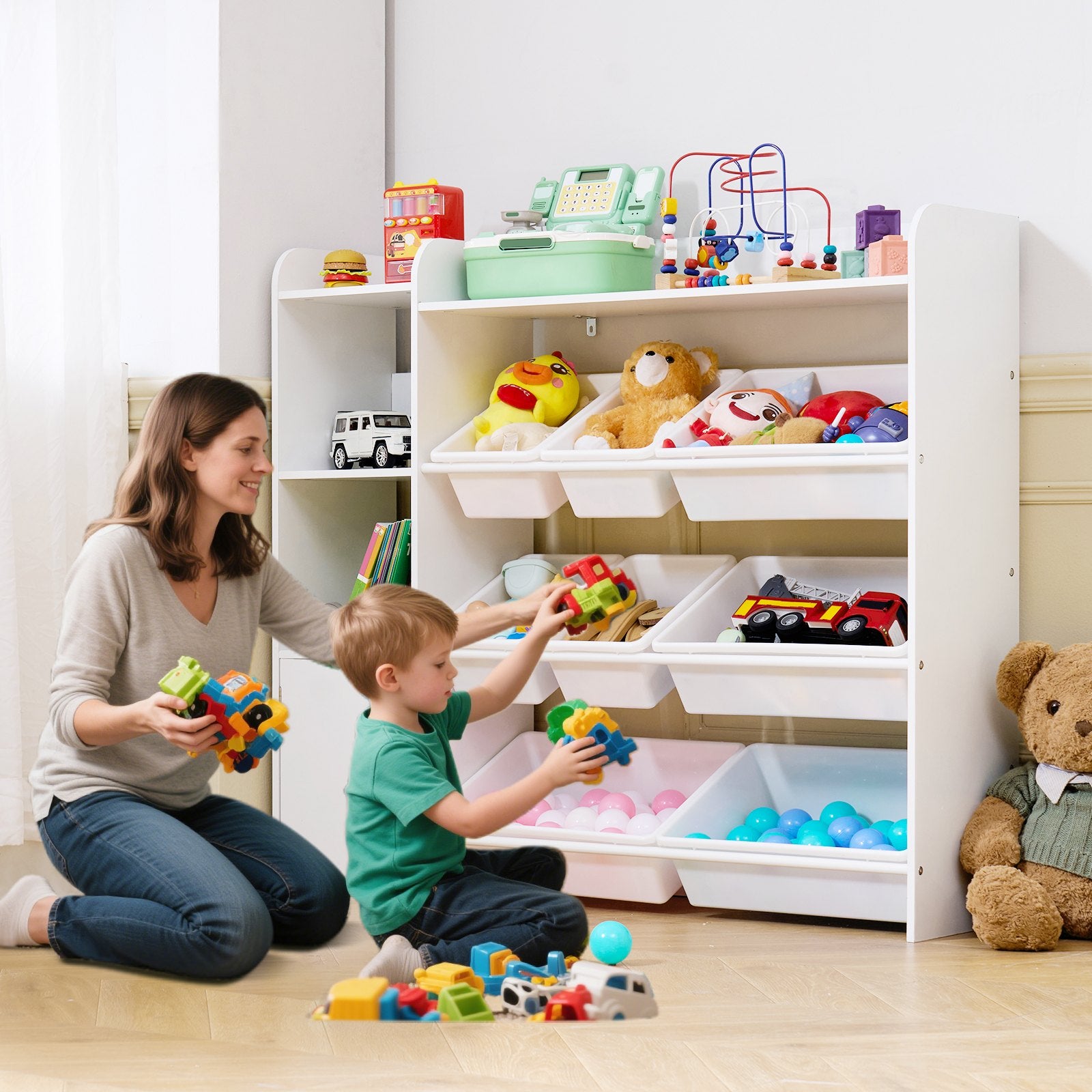 Kids Toy Storage Bookshelf, 4-Tier Organizer with 8 Plastic Bins, White