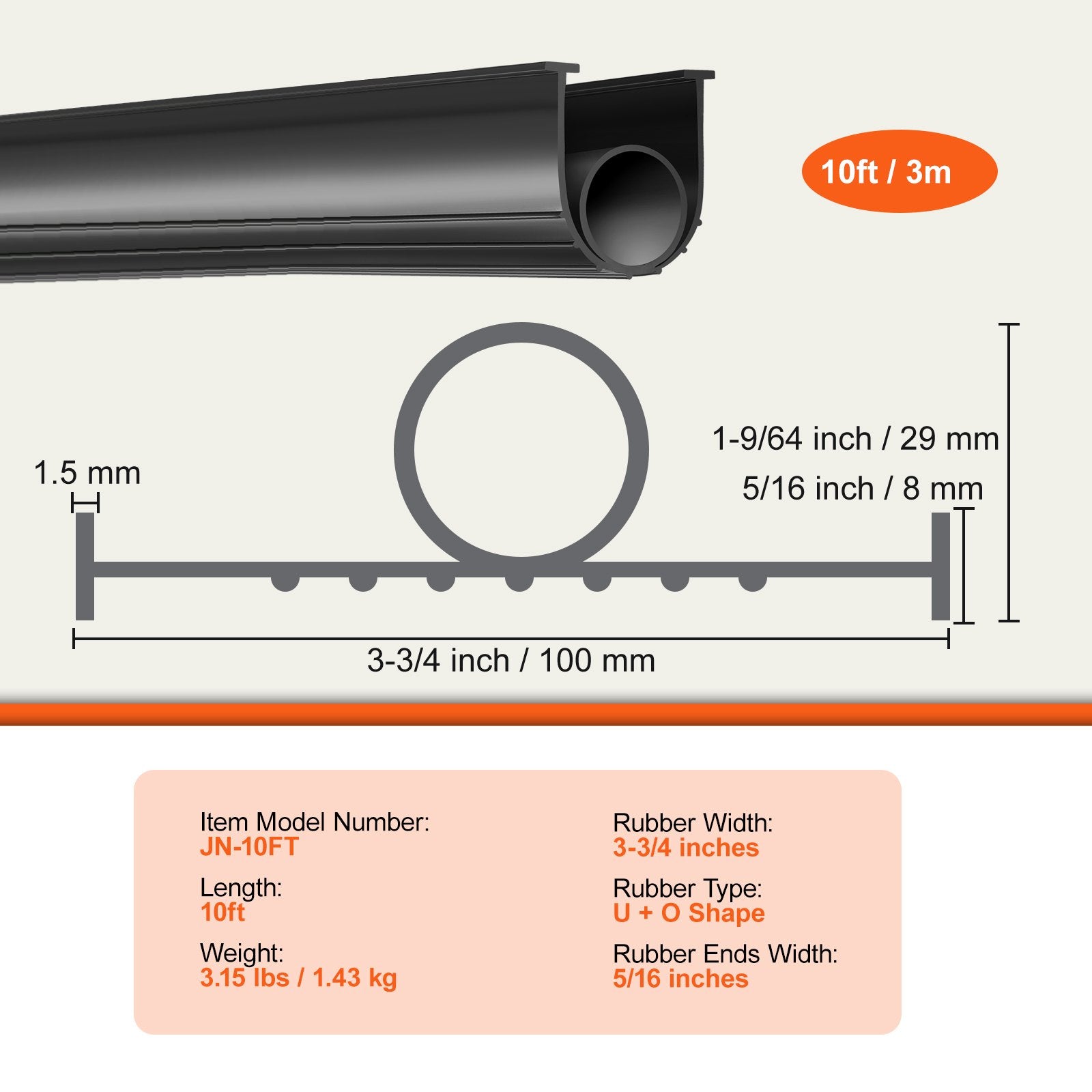10ft Garage Door Bottom Seal U Shape + O Ring Weatherproof Rubber Black