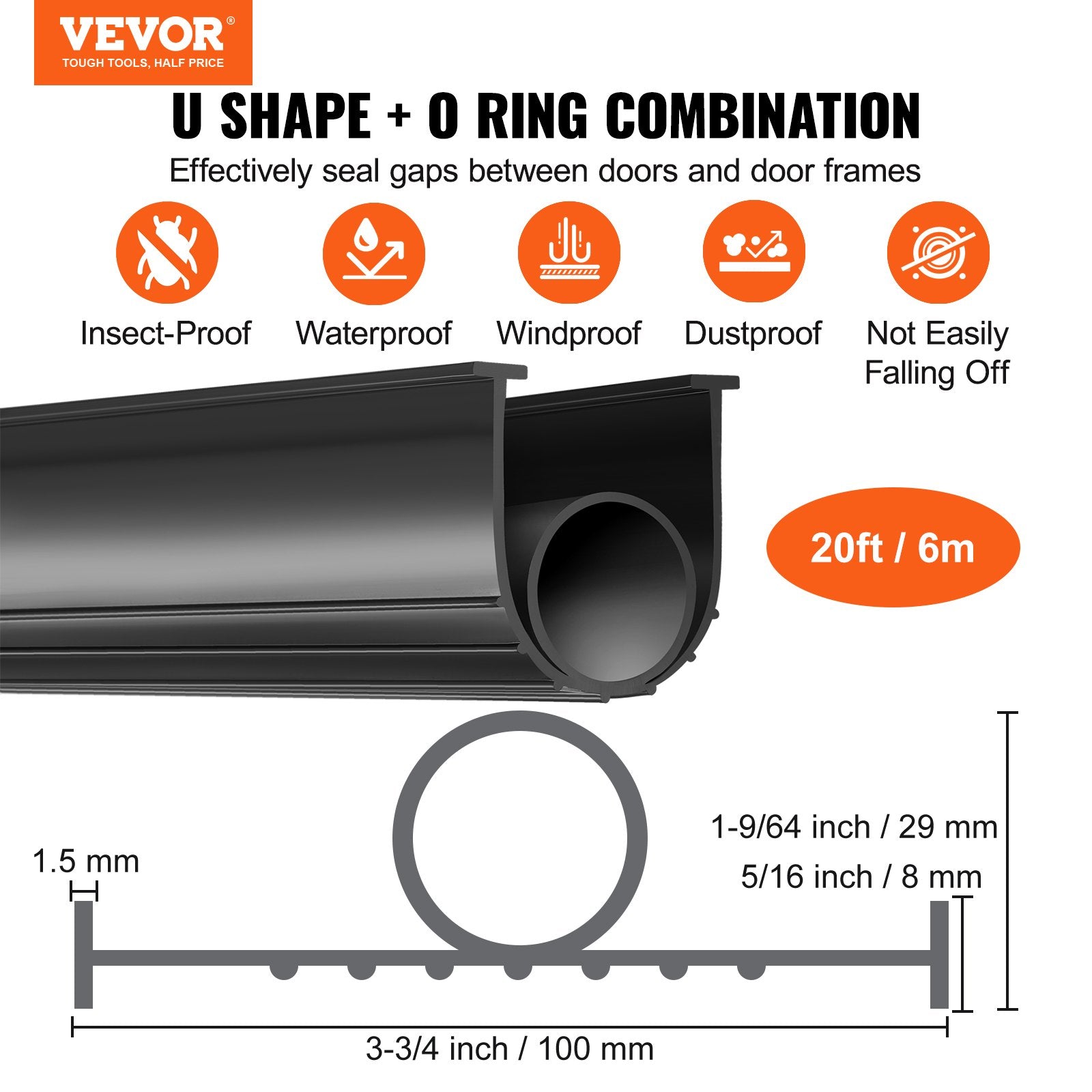 Garage Door Bottom Seal U-Shape + O-Ring 20ft Weatherproof Black
