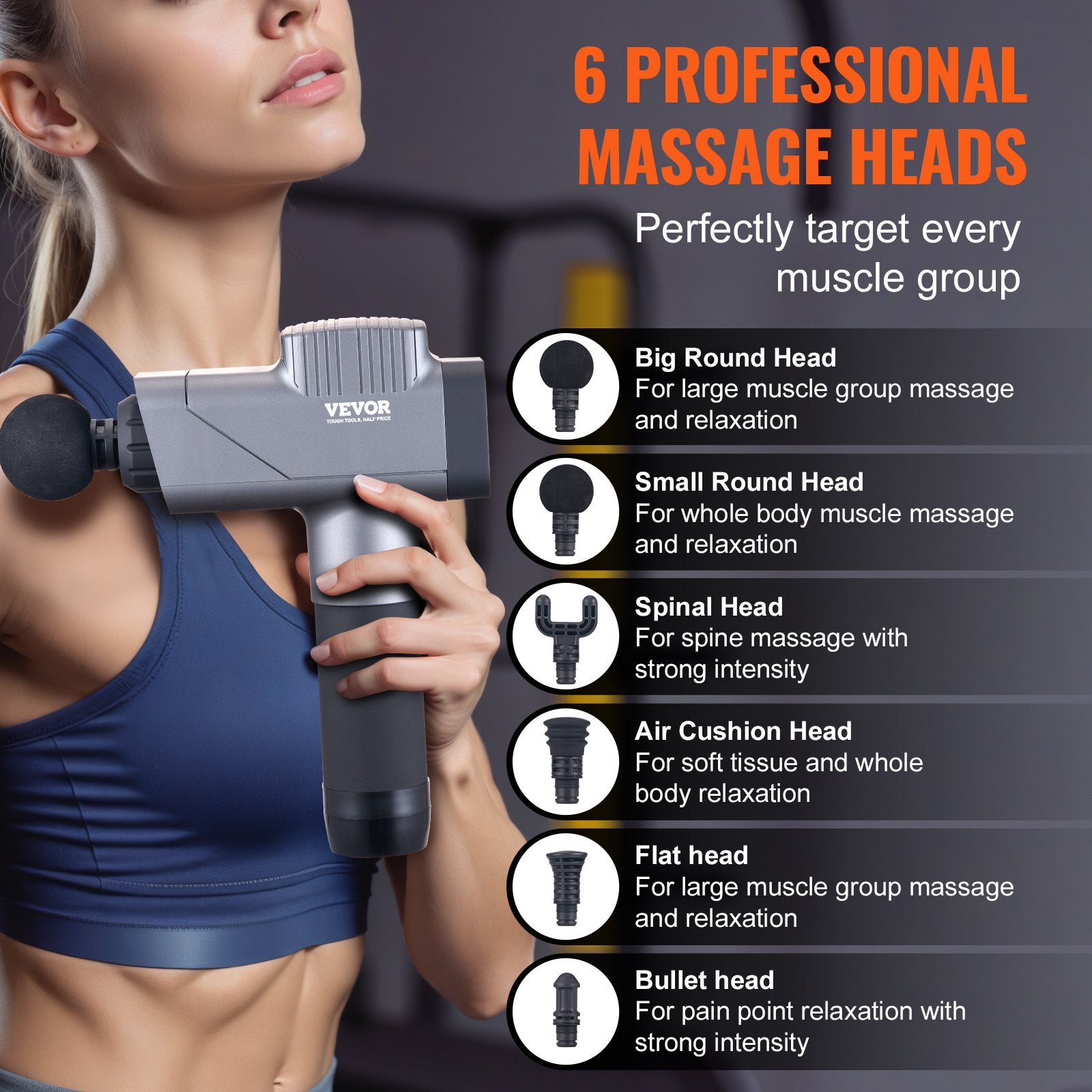 Massage Gun Deep Tissue Handheld 8-Speed 6-Head Percussion Muscle Massager 16V