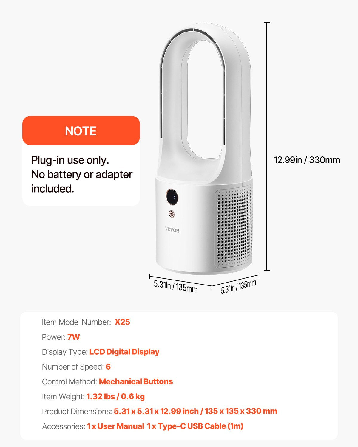Desk Fan Bladeless 12.99 Inch Kids-Friendly Portable 6-Speed USB Tower Fan