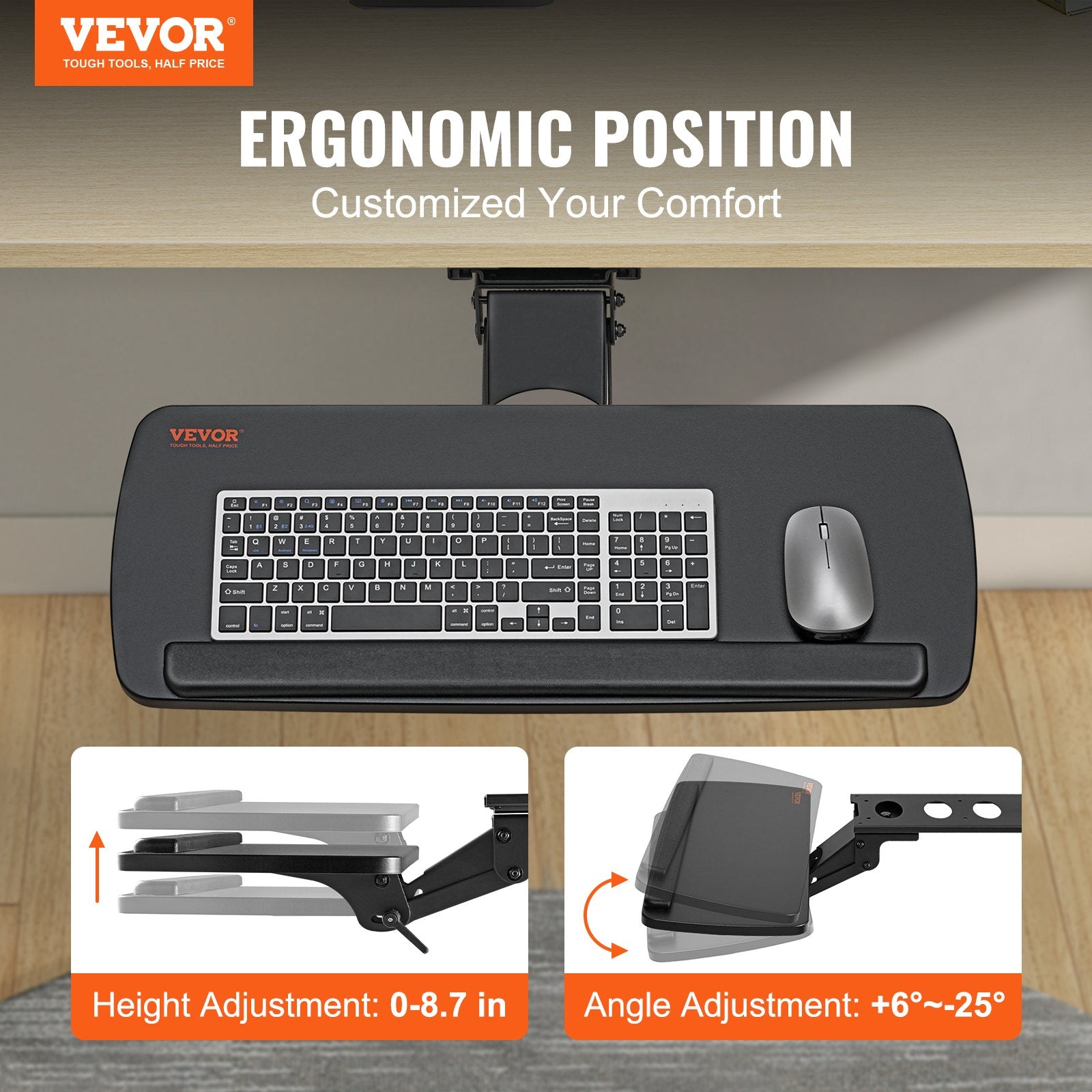 Adjustable Under Desk Keyboard Tray 25x9.8" Slide Out Ergonomic Swivel