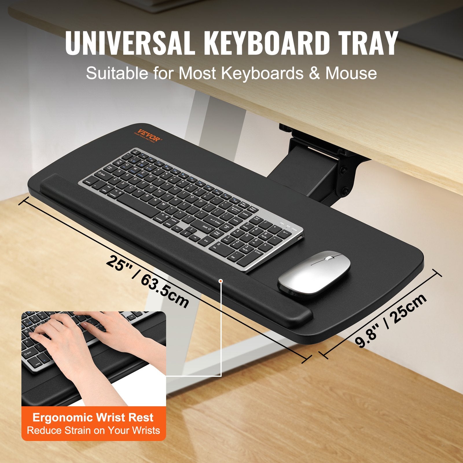 Adjustable Under Desk Keyboard Tray 25x9.8" Slide Out Ergonomic Swivel