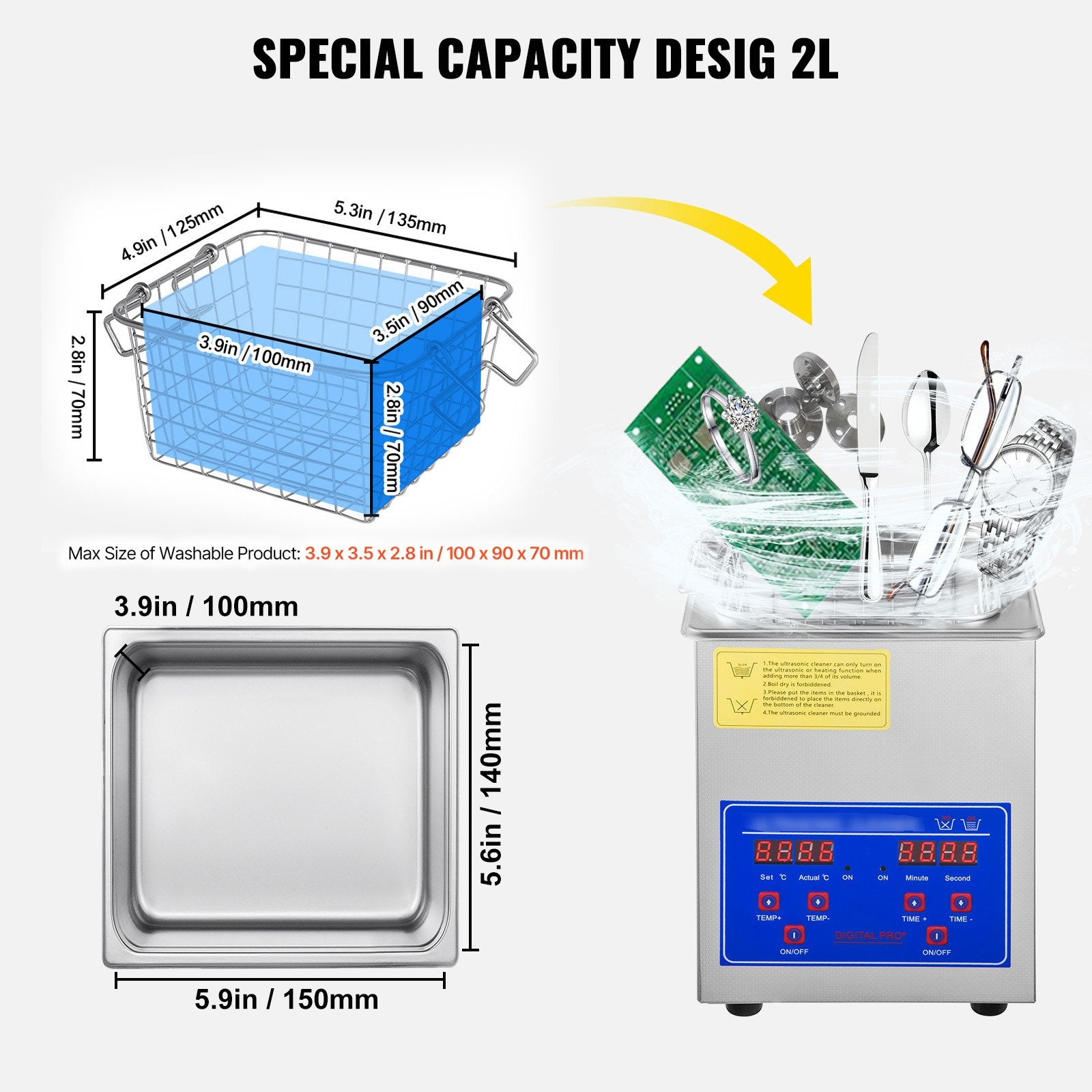 Ultrasonic Cleaner 2L Digital 40kHz Stainless Steel Timer Jewelry Watch Glasses