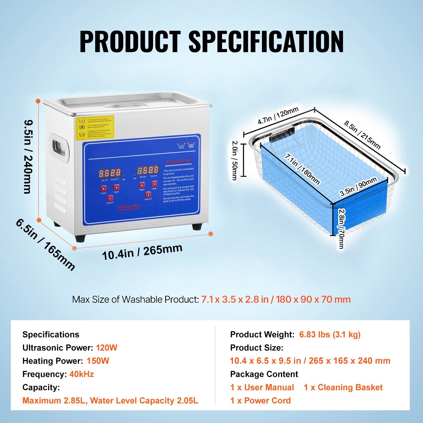 Ultrasonic Cleaner 2.85L Jewelry Stainless Steel Digital Timer Heater 40kHz