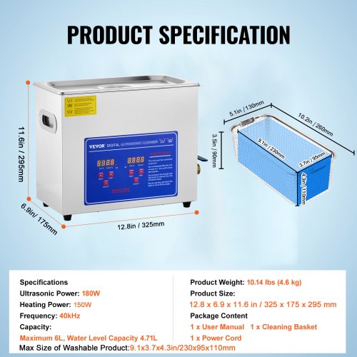 VEVOR 6L Ultrasonic Cleaner with Digital Timer Heater Stainless Steel Sonic