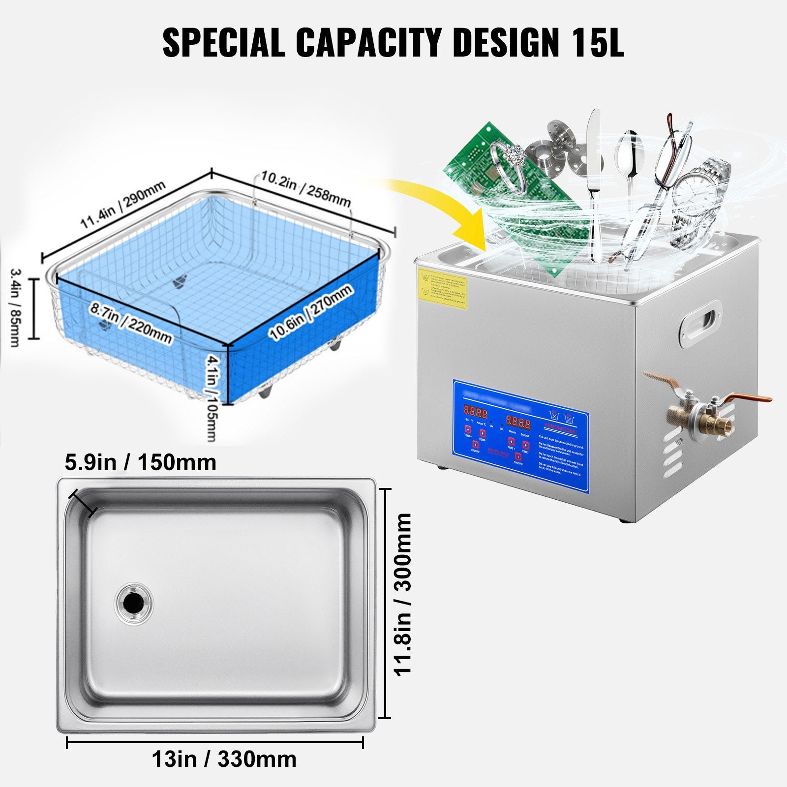 15L Ultrasonic Cleaner Digital Timer Heater 40kHz Industrial Parts Tool Cleaning