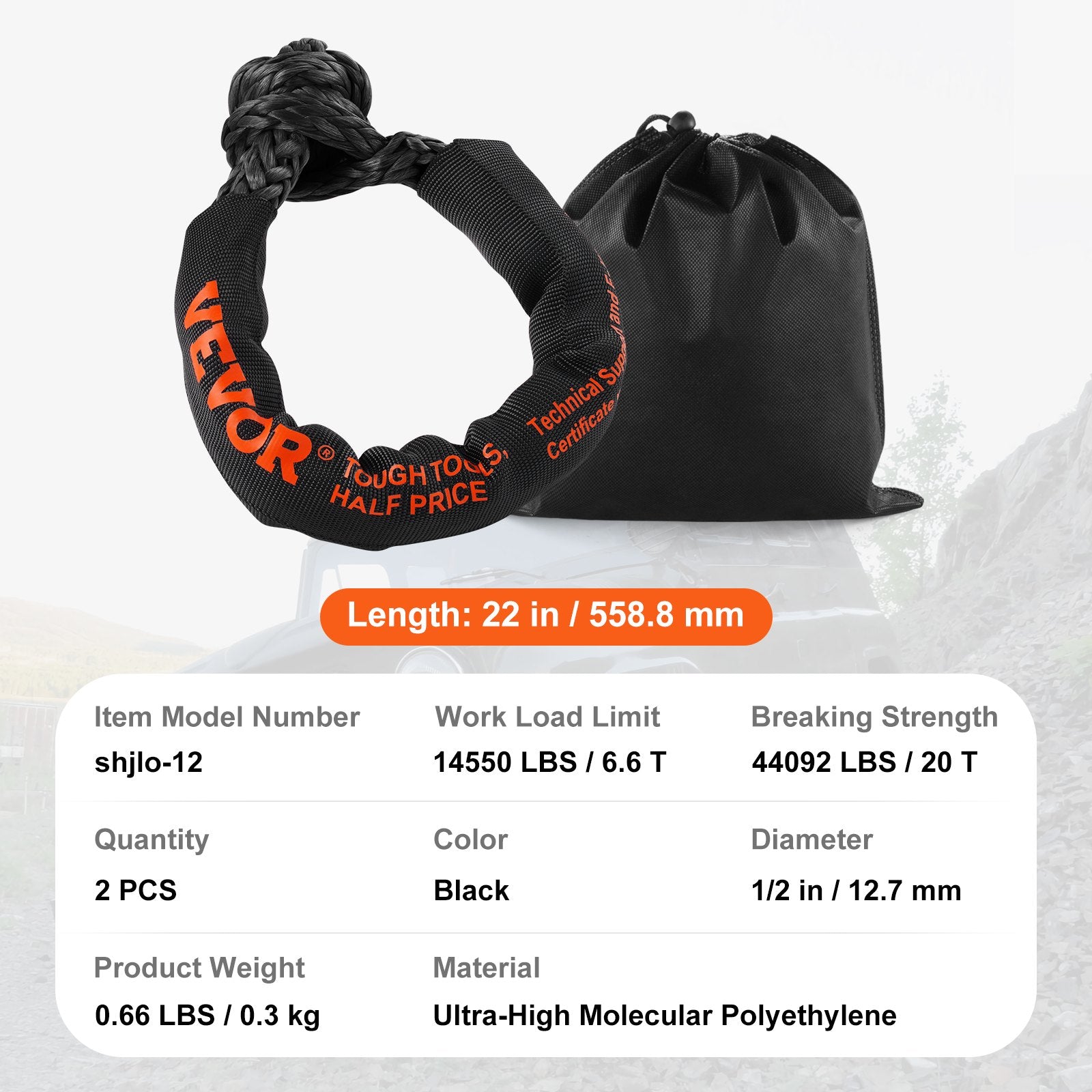 Synthetic Soft Shackle Rope 2-Pack 20 Ton Recovery Tow Shackles with Bag Black