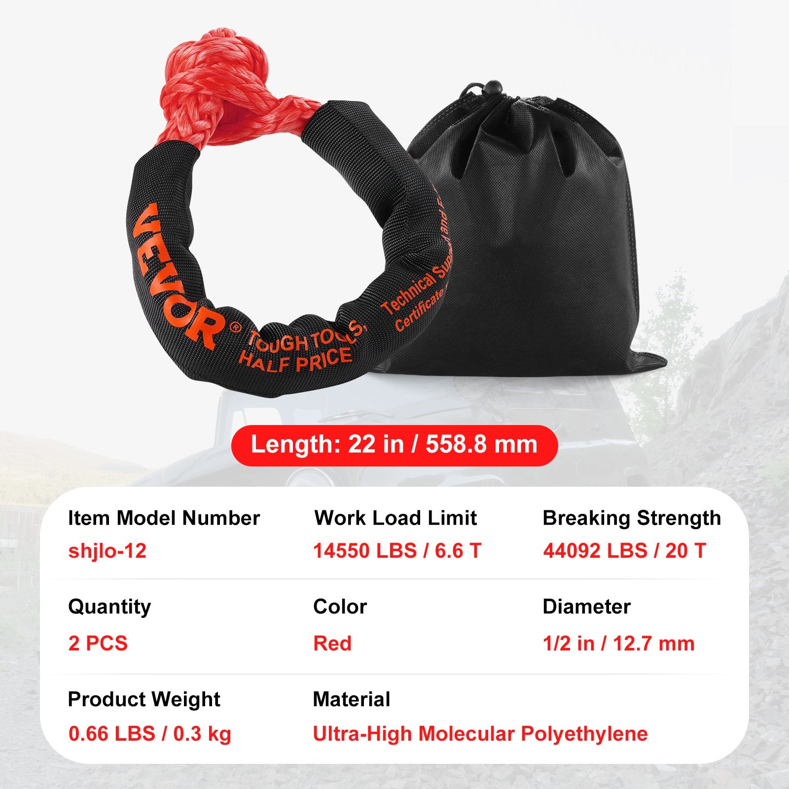 Synthetic Soft Shackle Rope 2-Pack 20 Ton Recovery Tow Shackles with Bag Red