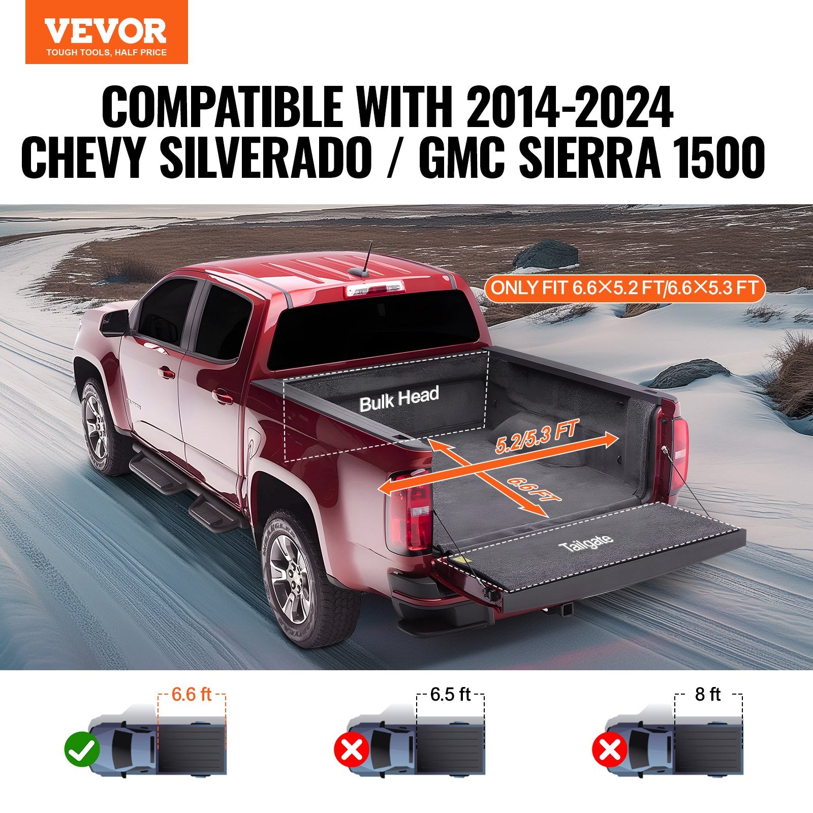 Truck Bed Cover Roll Up Tonneau Soft PVC for 2014-2024 Chevy Silverado GMC 1500