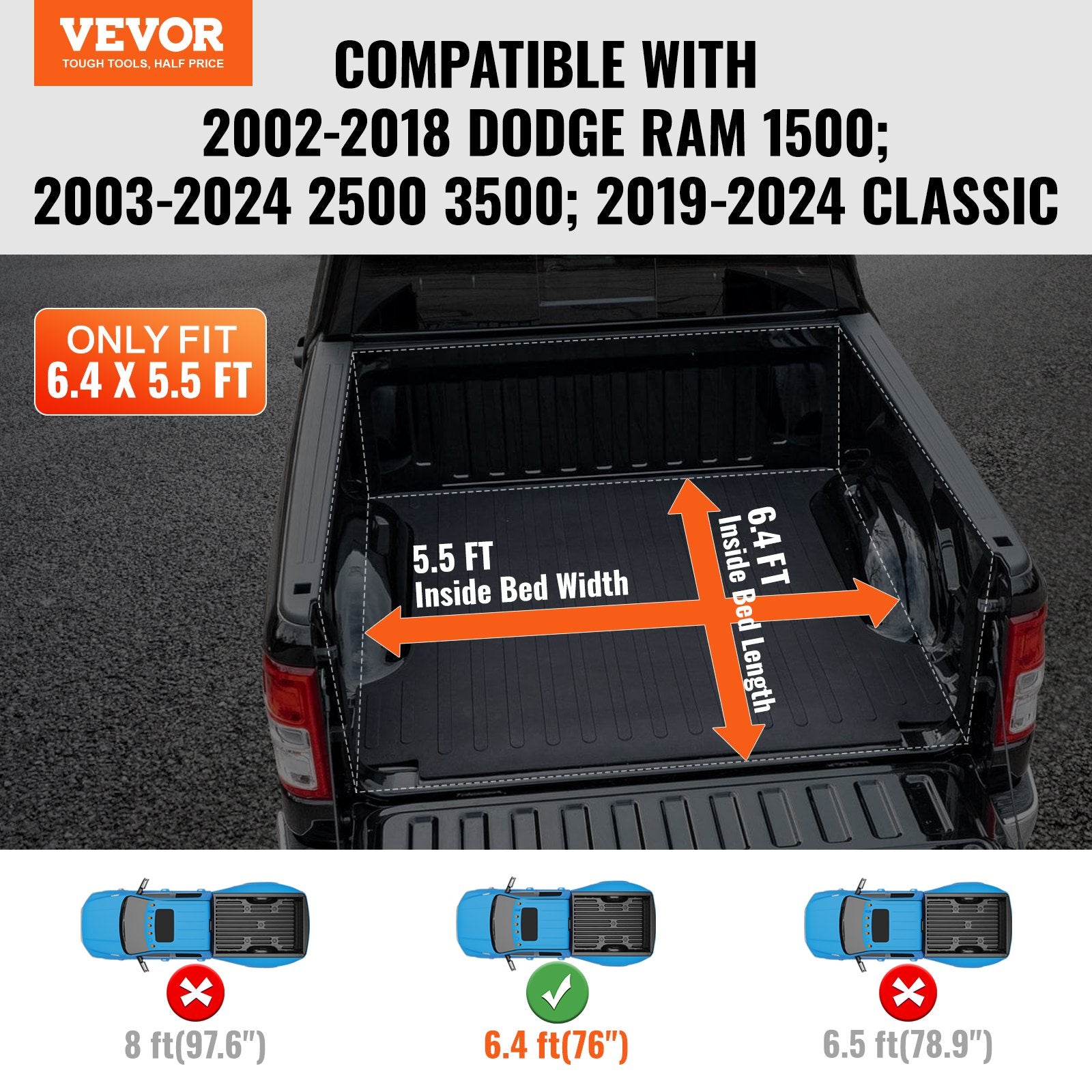 Truck Bed Cover Roll Up Tonneau Soft PVC for 2002-2024 Dodge Ram 1500-3500