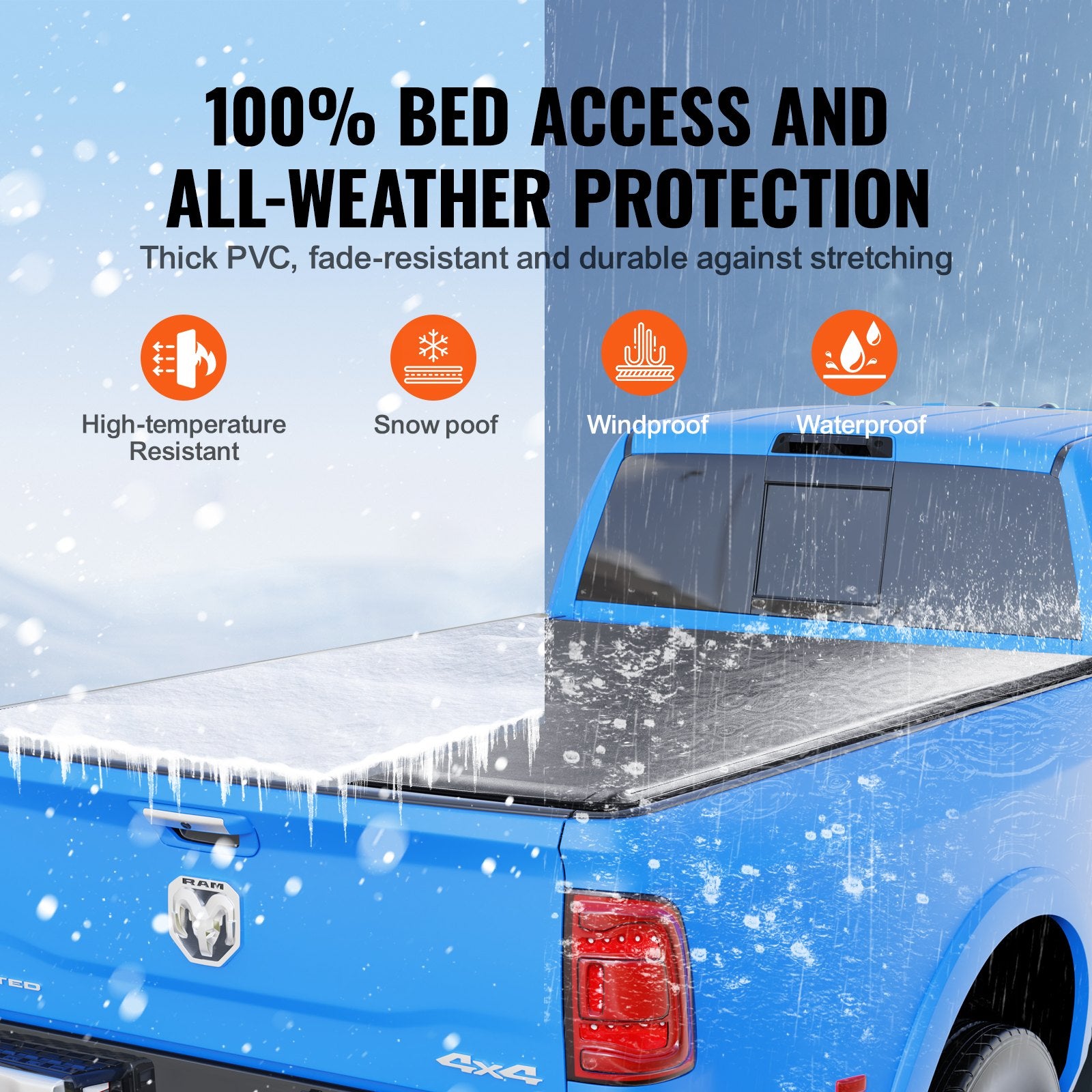 Truck Bed Cover Roll Up Tonneau Soft PVC for 2002-2024 Dodge Ram 1500-3500